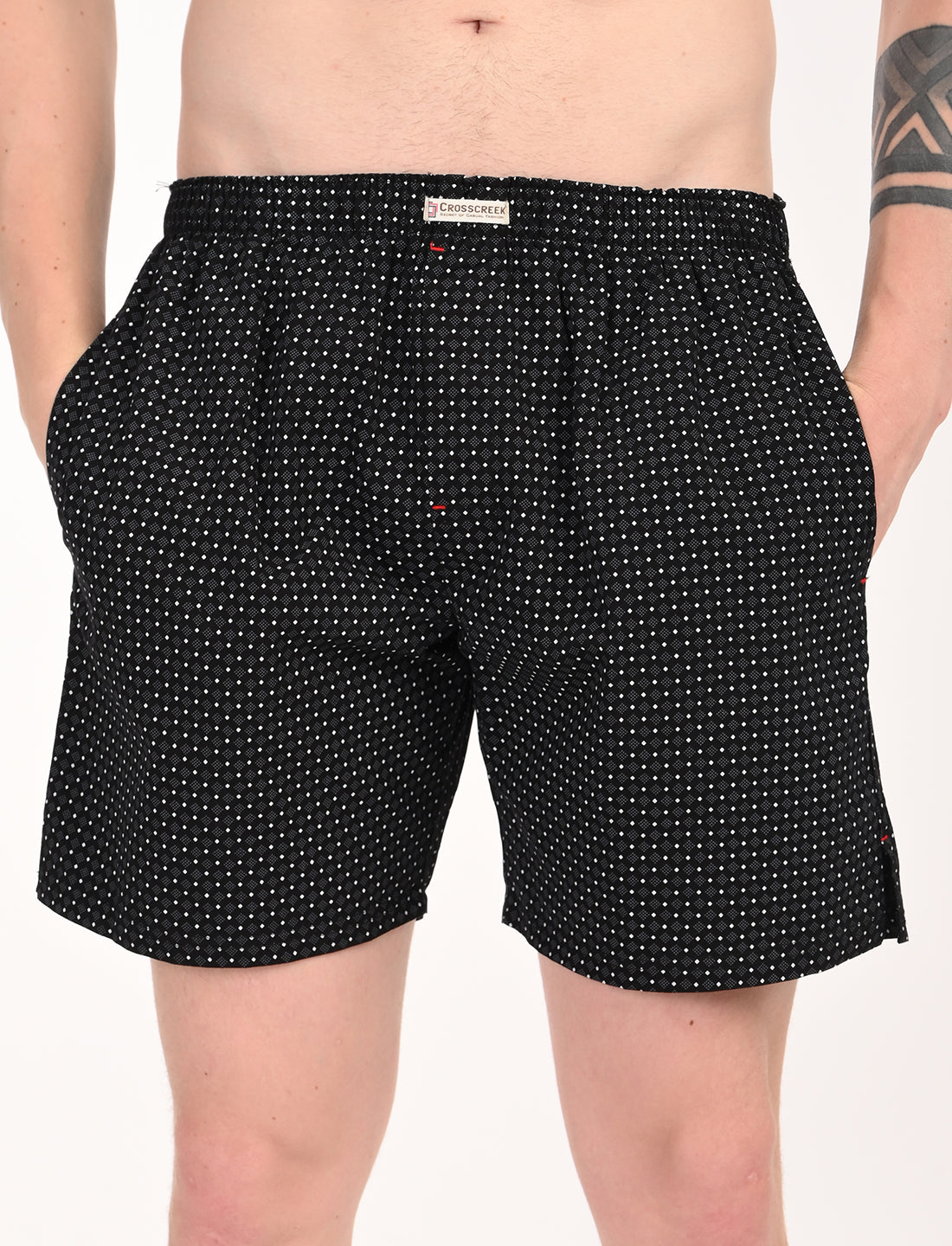 Crosscreek Men’s Boxer Shorts – 2-Pack | Black Dots & Navy Diamond Print | 100% Cotton Breathable Boxers