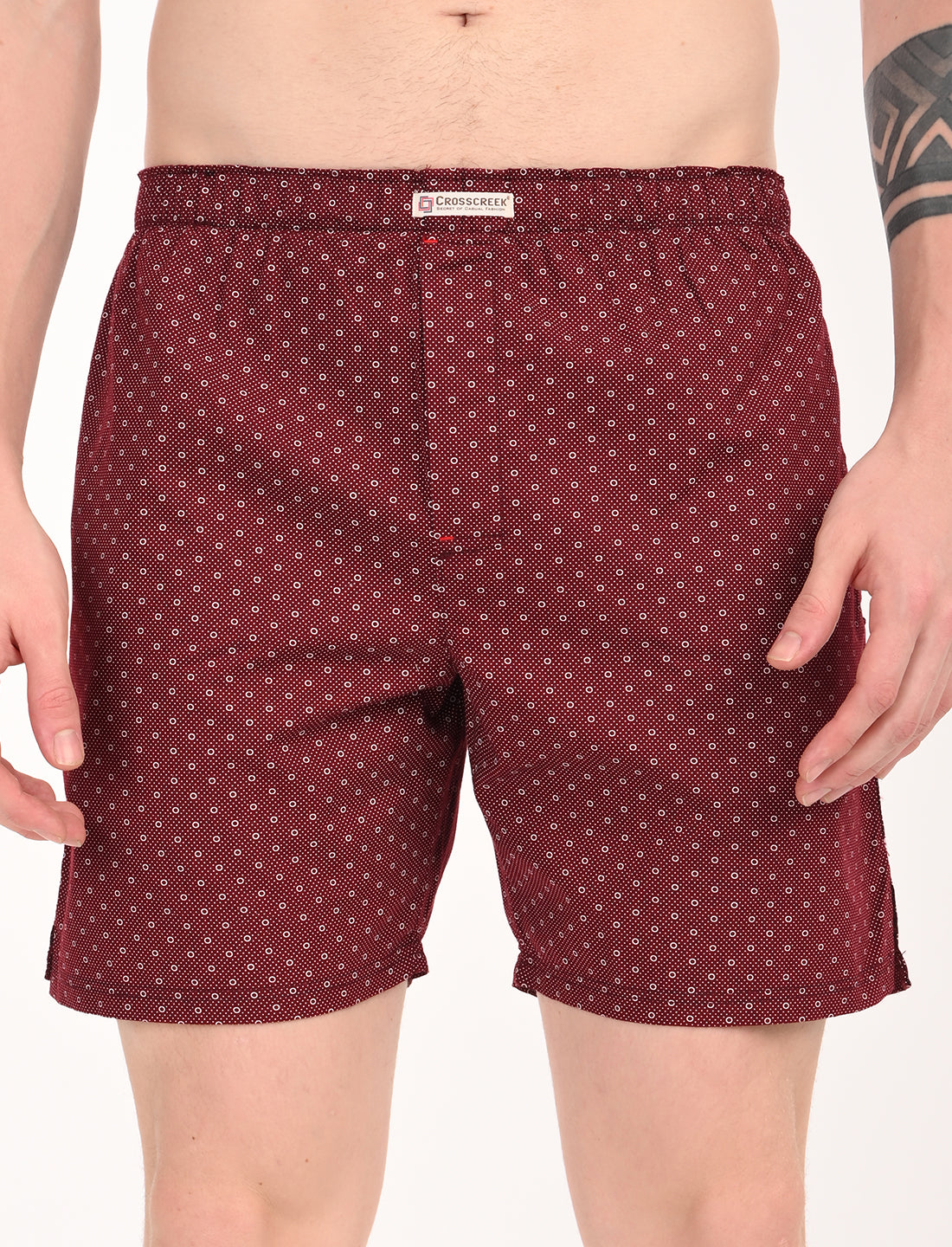 Crosscreek Men’s Boxer Shorts – 2-Pack | White Leaf & Maroon Circle Print | 100% Cotton Stylish Boxers