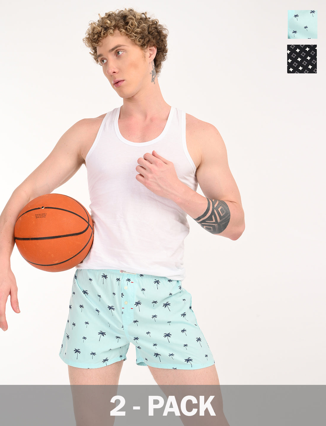 Crosscreek Men's 2-Pack Classic Printed Cotton Boxer Shorts – Aqua Print & Black Geometric Print