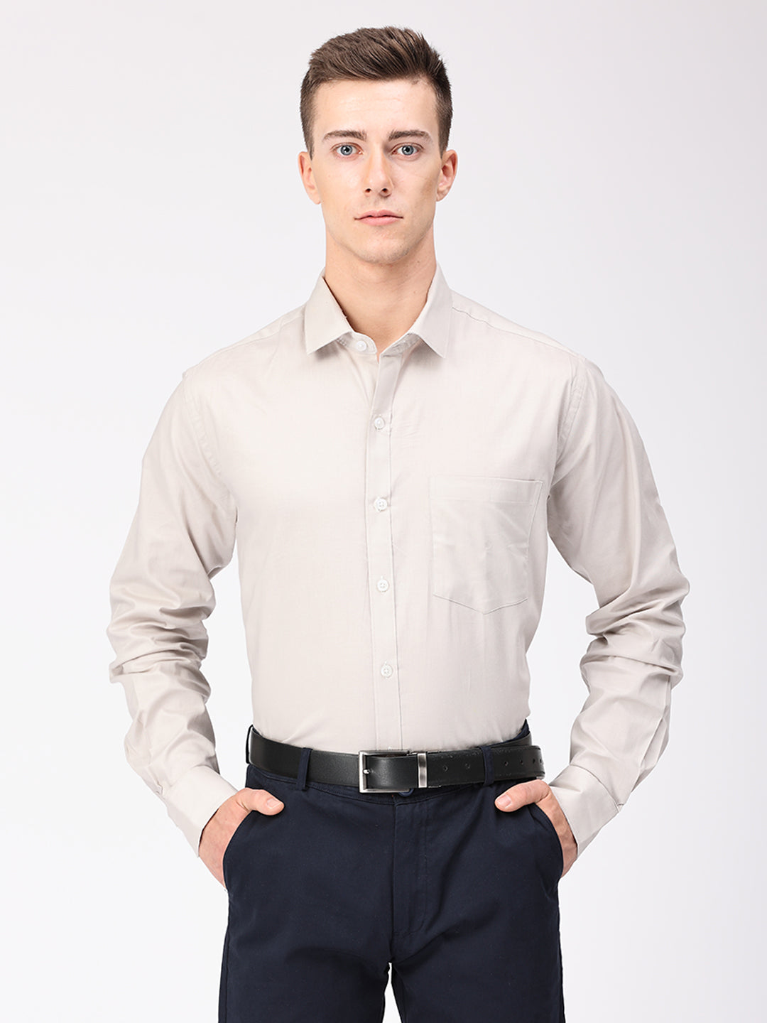 Copperline Men Light Grey Plain Formal Shirt Copperline