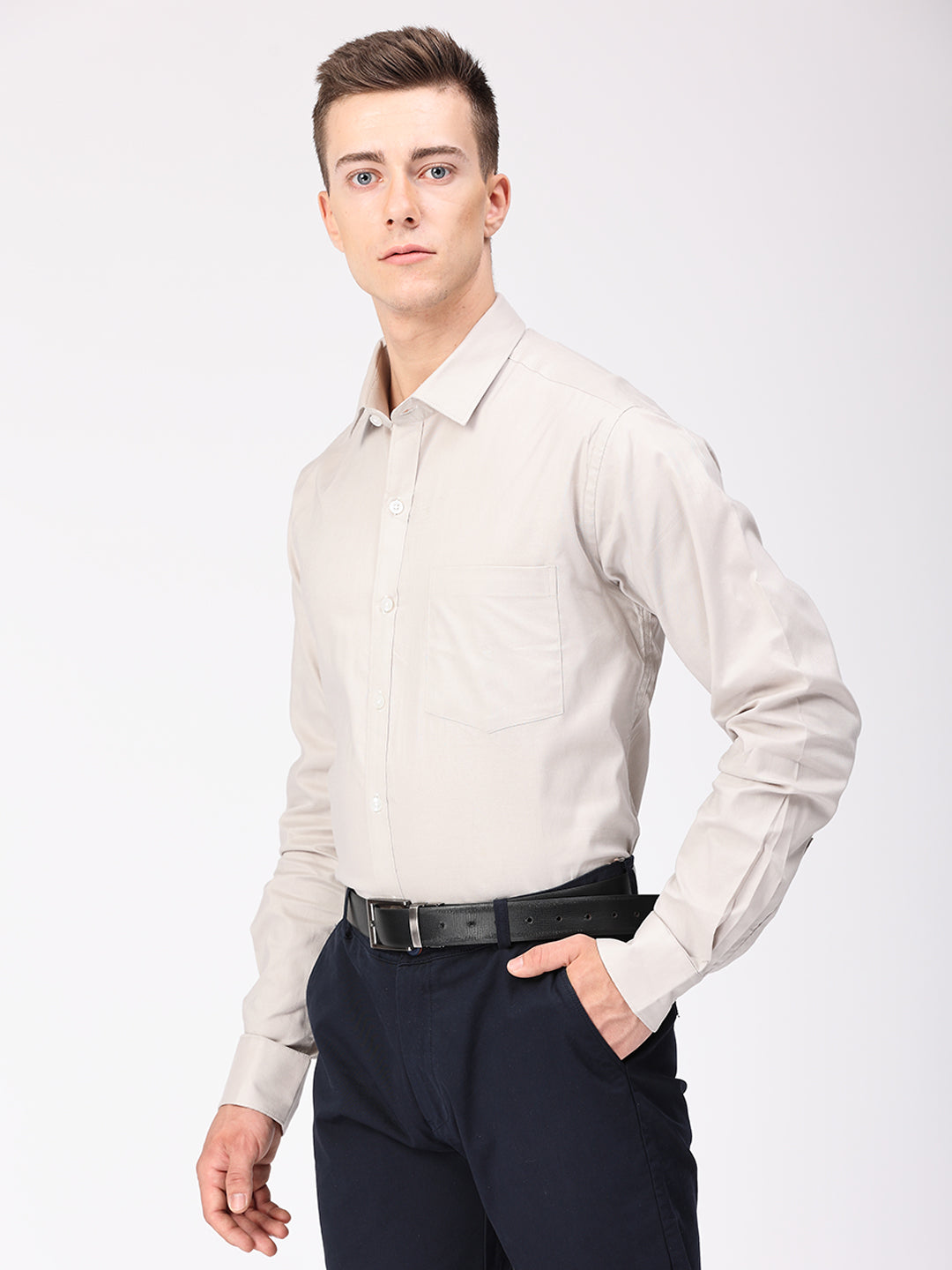 Copperline Men Light Grey Plain Formal Shirt Copperline