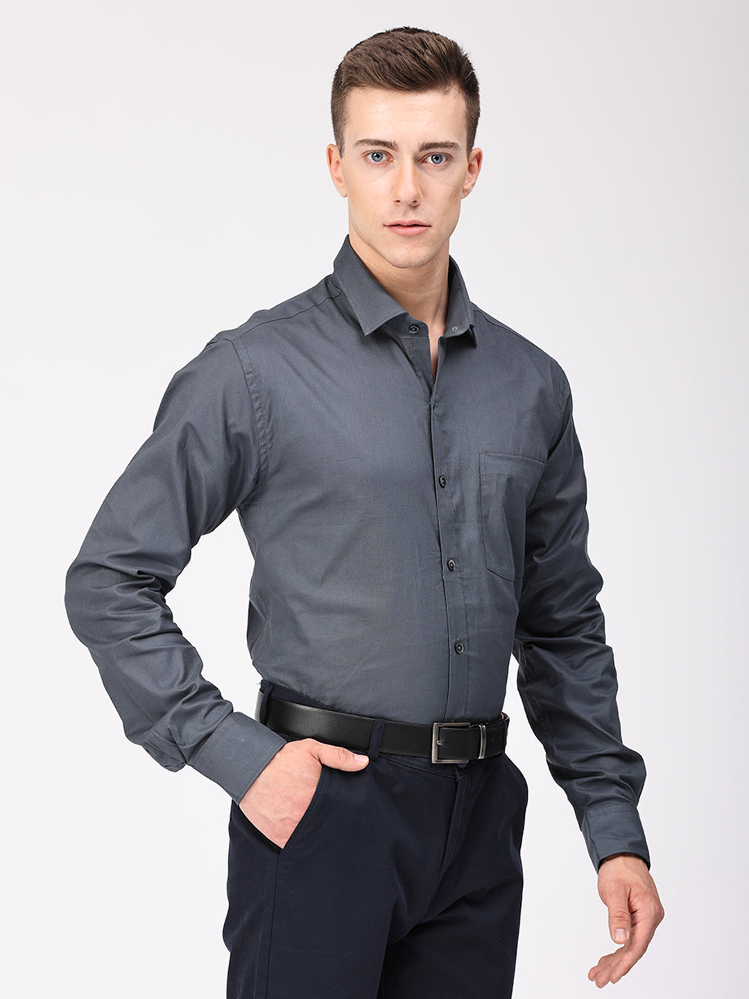 Copperline Men Grey Plain Formal Shirt Copperline