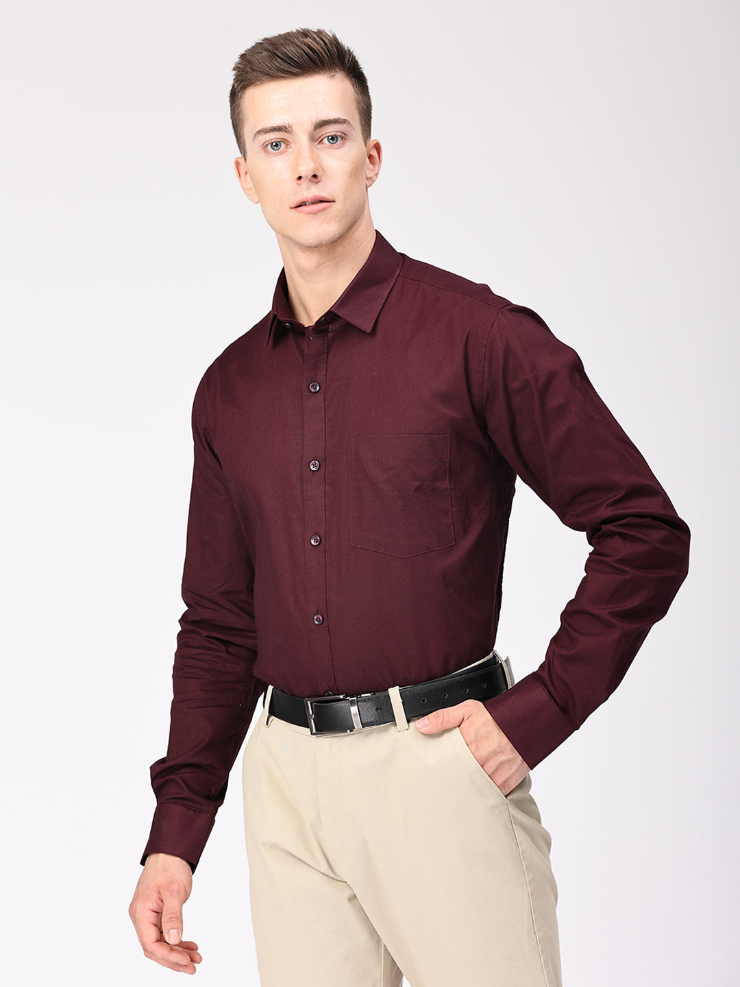 Copperline Men Wine Plain Formal Shirt Copperline