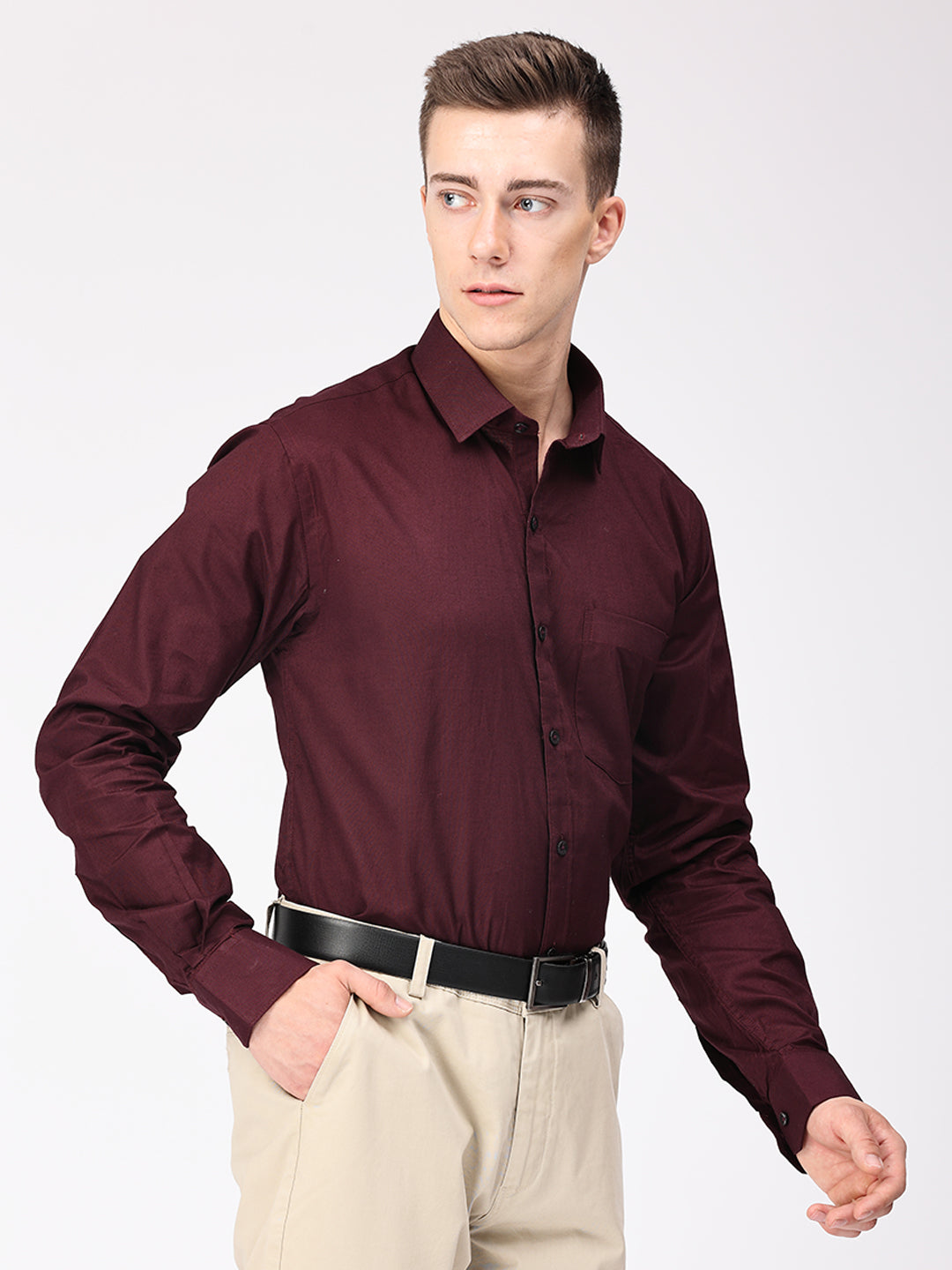 Copperline Men Wine Plain Formal Shirt Copperline