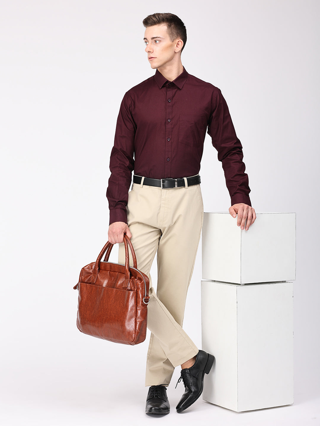 Copperline Men Wine Plain Formal Shirt Copperline