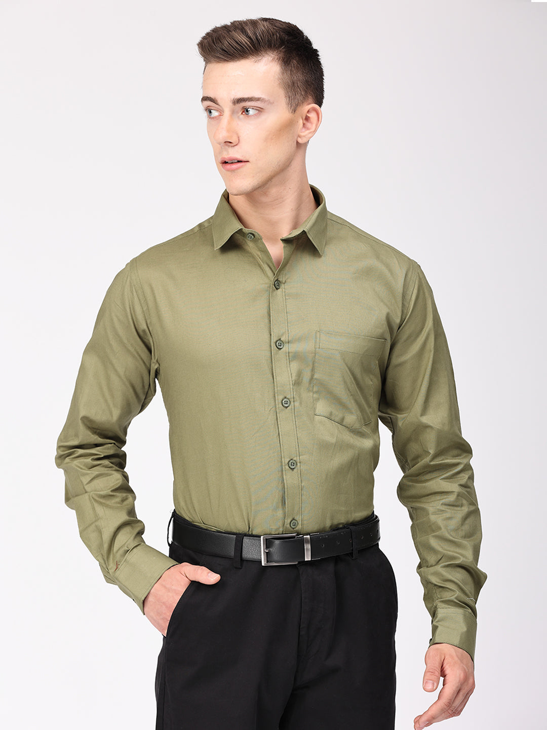 Copperline Men Olive Plain Formal Shirt Copperline