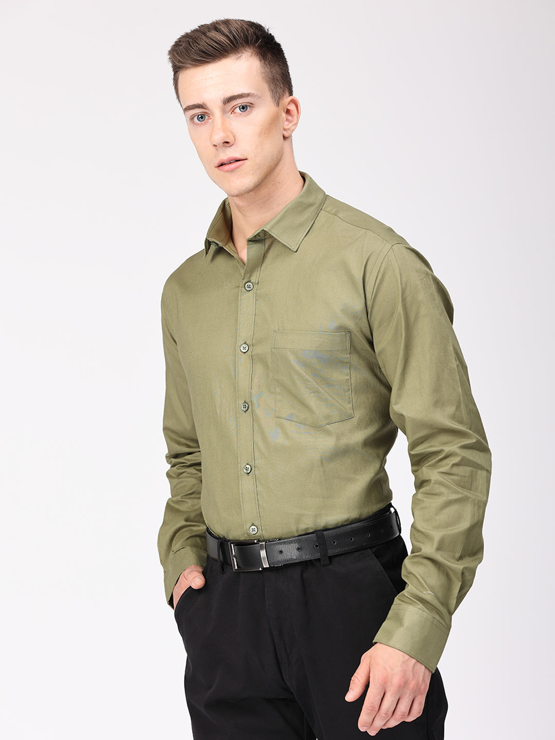 Copperline Men Olive Plain Formal Shirt Copperline