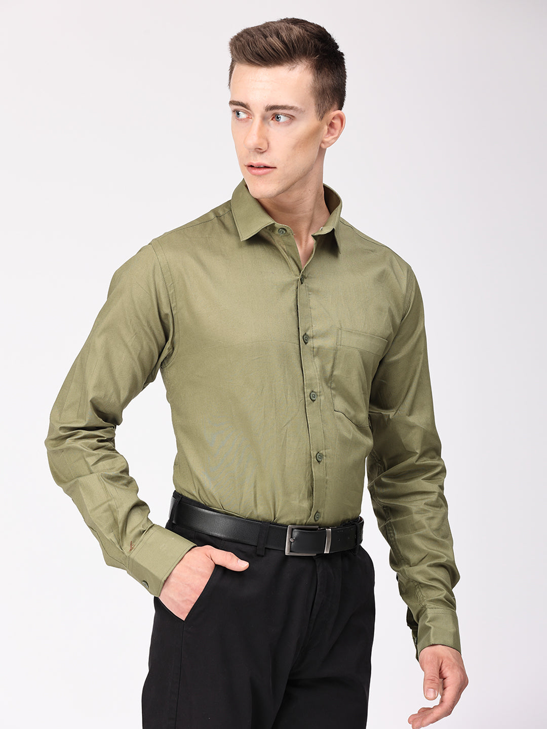 Copperline Men Olive Plain Formal Shirt Copperline