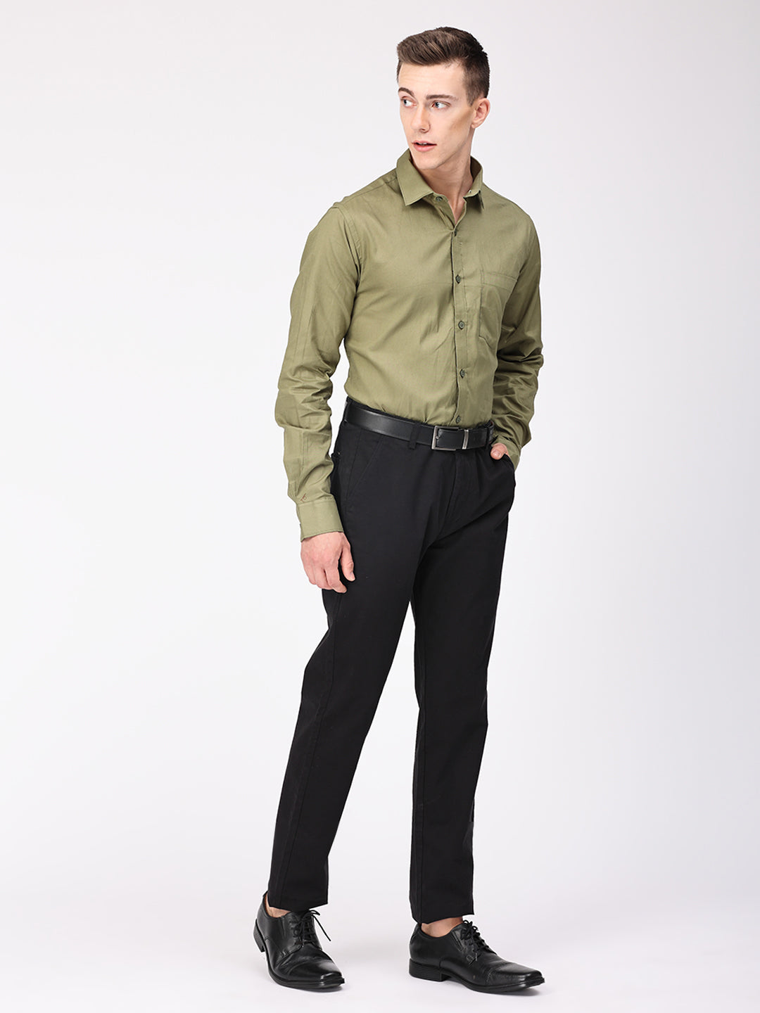 Copperline Men Olive Plain Formal Shirt Copperline