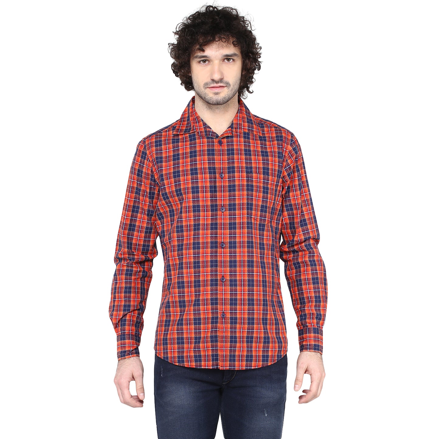 Crosscreek Men Orange Checks Casual Shirt Crosscreek