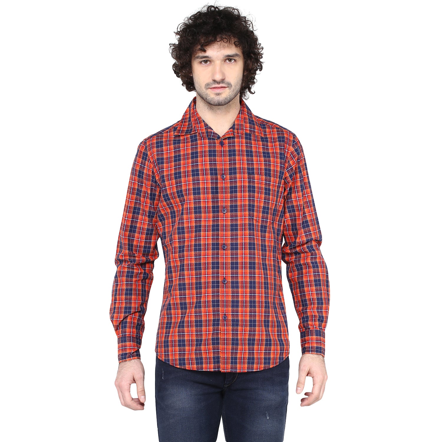 Crosscreek Men Orange Checks Casual Shirt Crosscreek