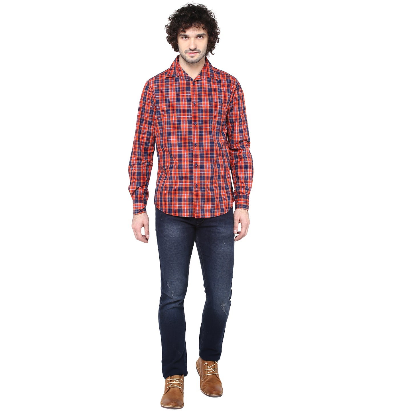 Crosscreek Men Orange Checks Casual Shirt Crosscreek