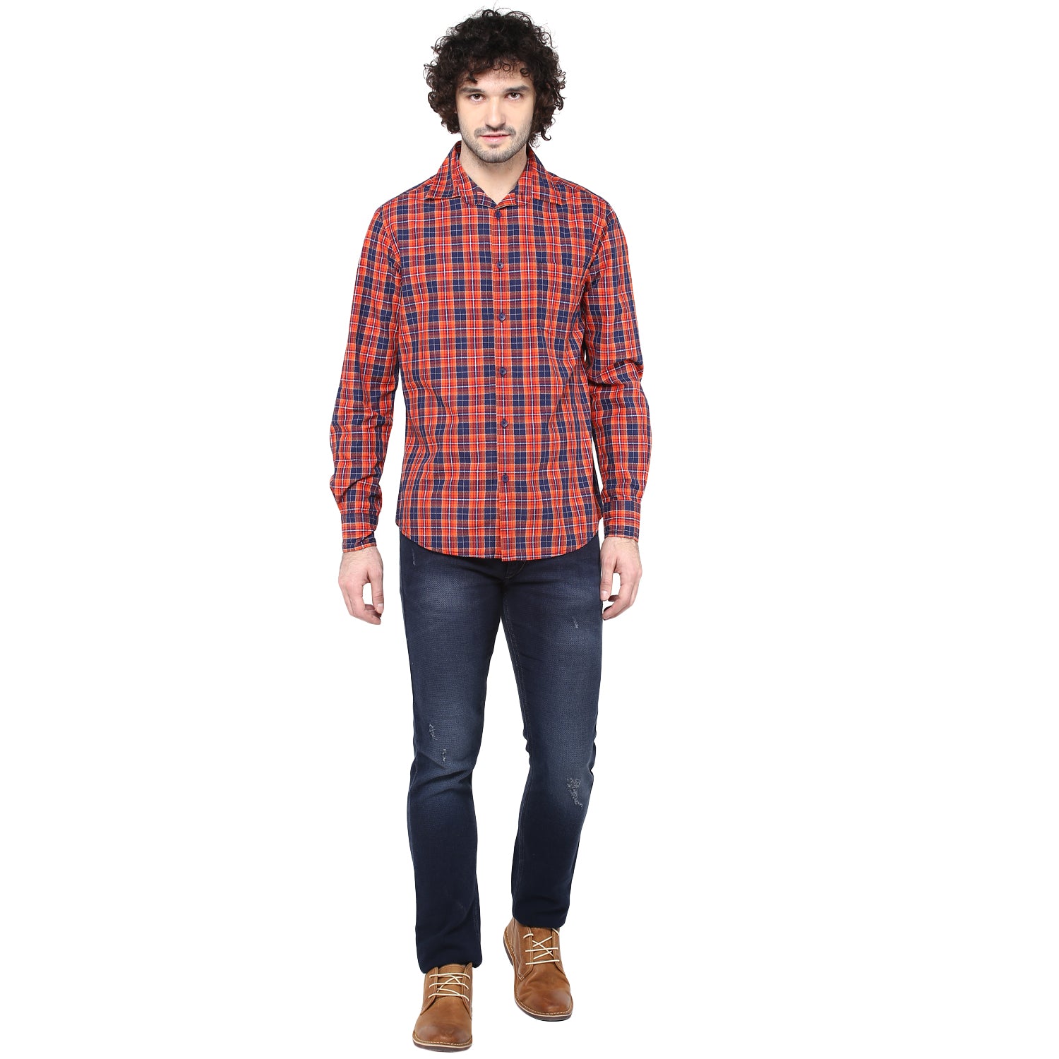 Crosscreek Men Orange Checks Casual Shirt Crosscreek