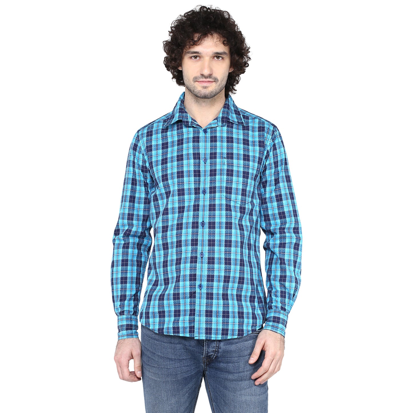 Crosscreek Men Aqua Blue Checks Shirt Crosscreek