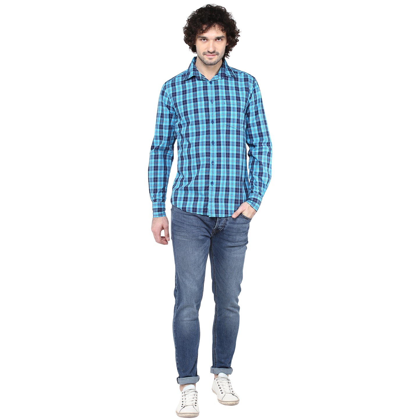 Crosscreek Men Aqua Blue Checks Shirt Crosscreek