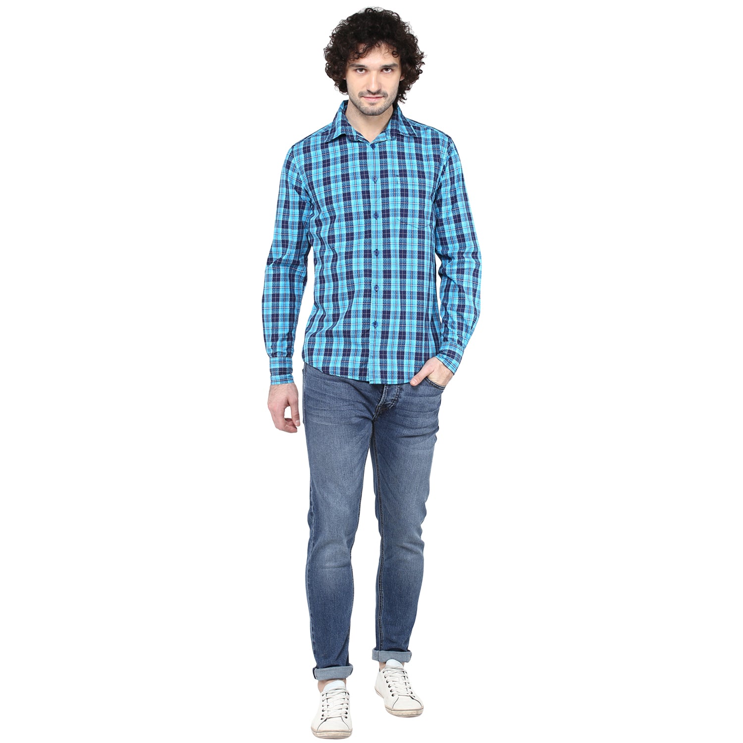 Crosscreek Men Aqua Blue Checks Shirt Crosscreek