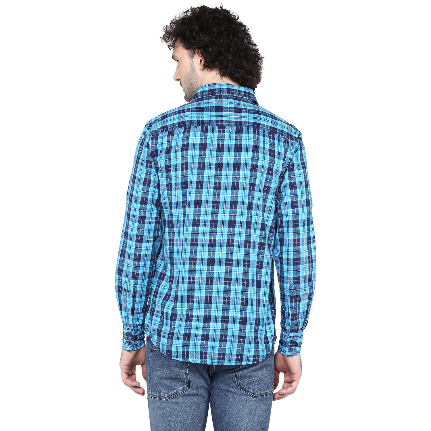 Crosscreek Men Aqua Blue Checks Shirt Crosscreek