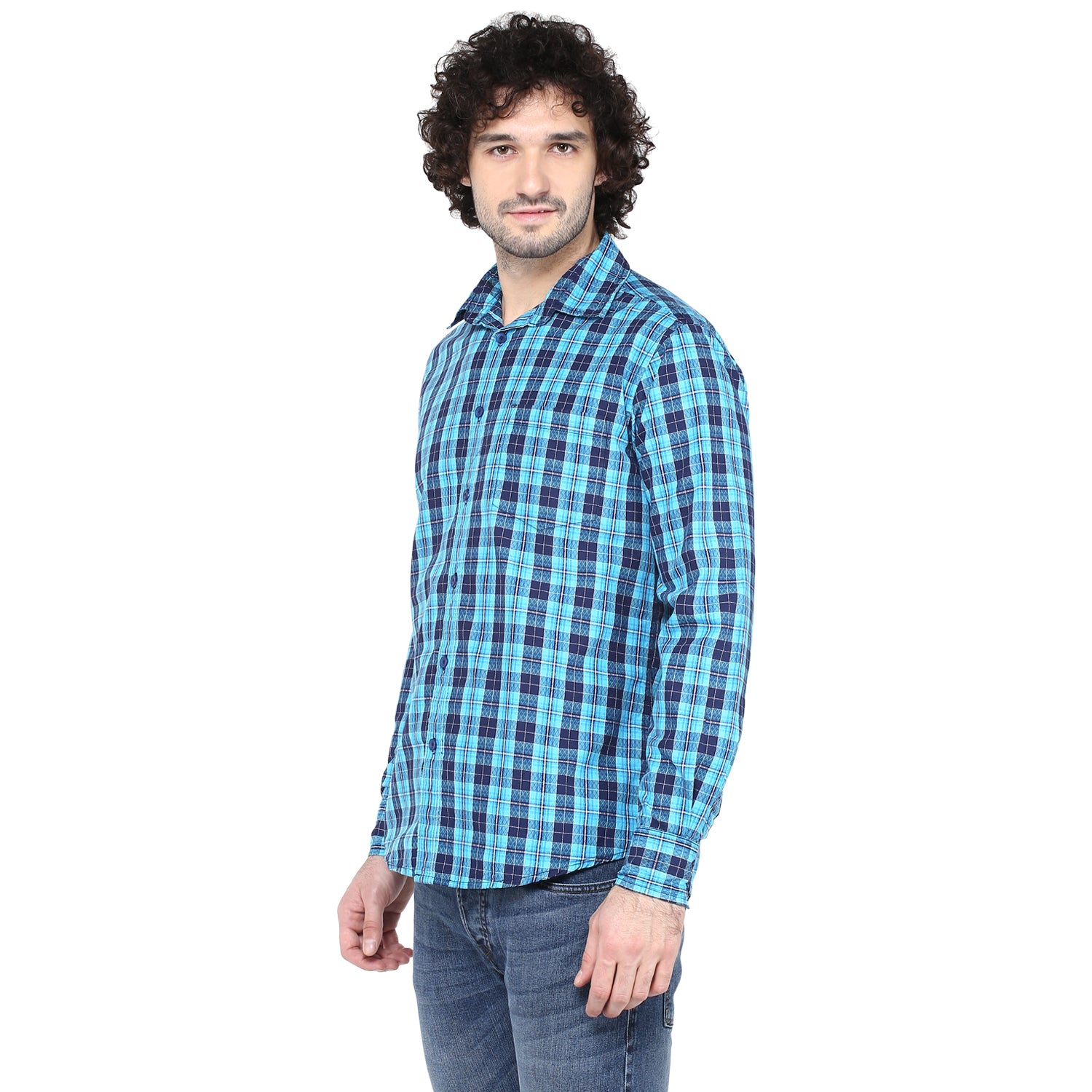 Crosscreek Men Aqua Blue Checks Shirt Crosscreek