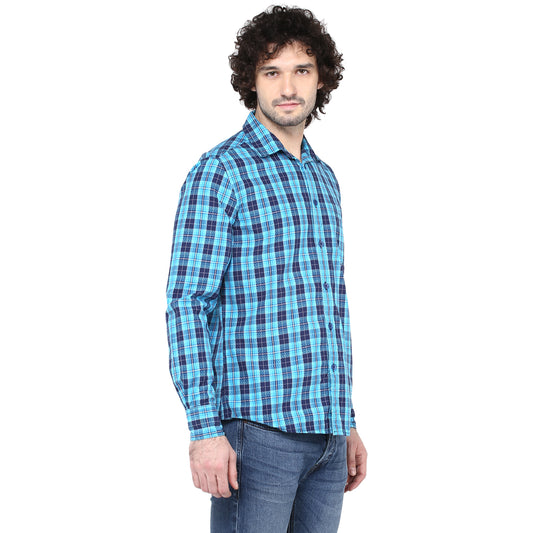 Crosscreek Men Aqua Blue Checks Shirt Crosscreek