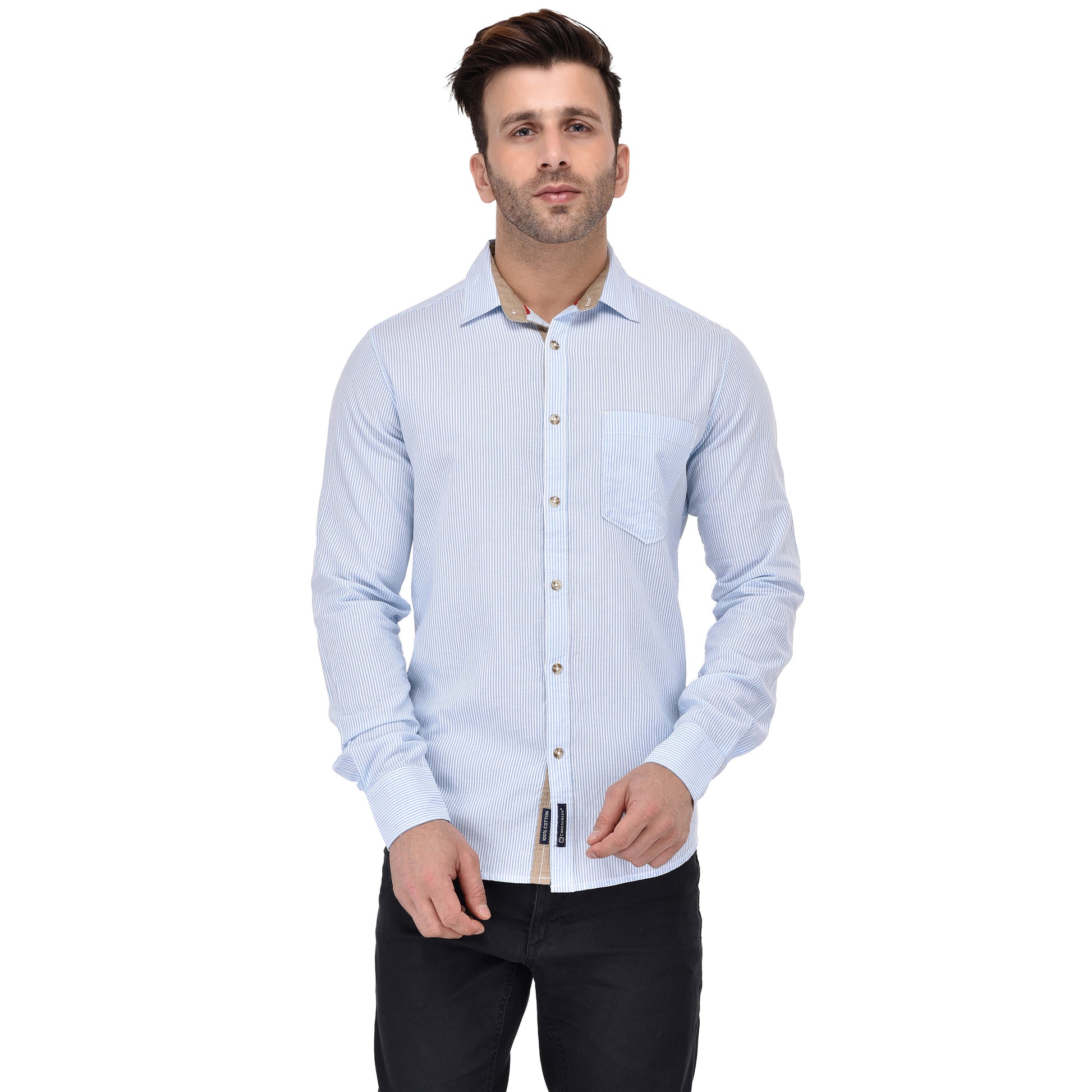 Crosscreek Men Light Blue Striped Shirt Crosscreek