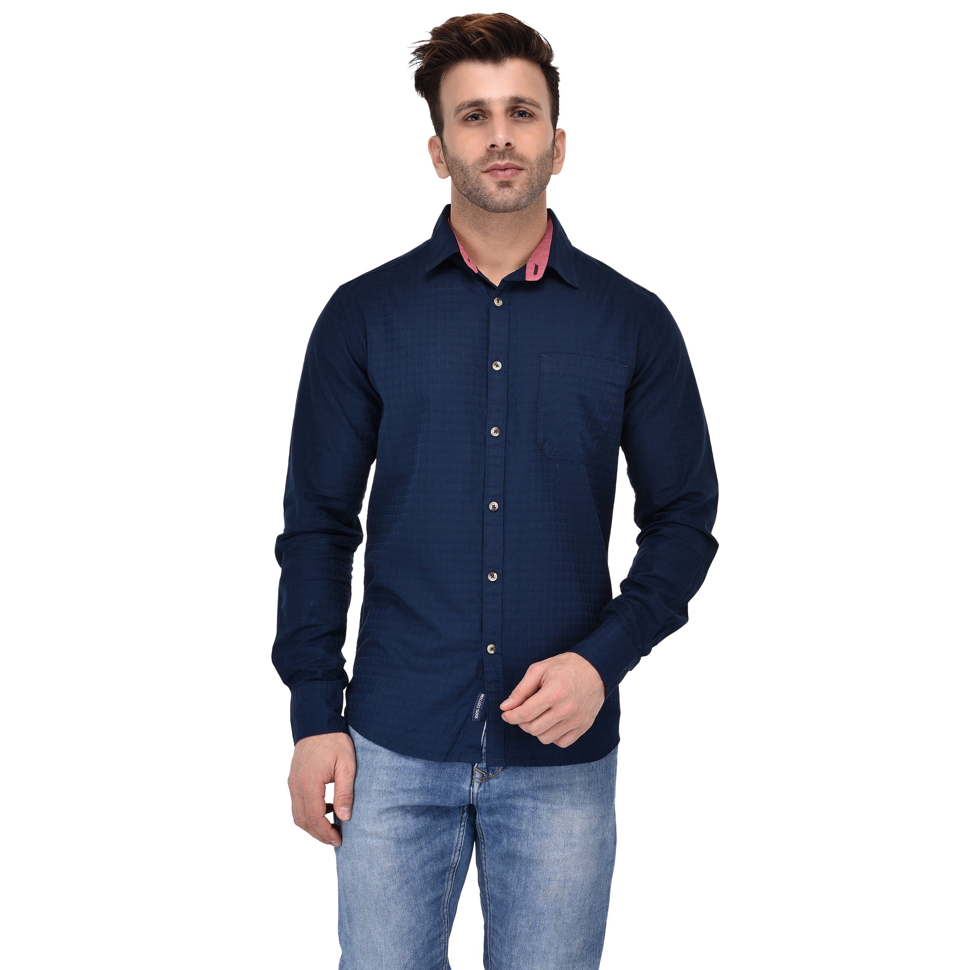 Crosscreek Men Navy Blue Dobby Casual Shirt Crosscreek