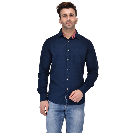 Crosscreek Men Navy Blue Dobby Casual Shirt Crosscreek