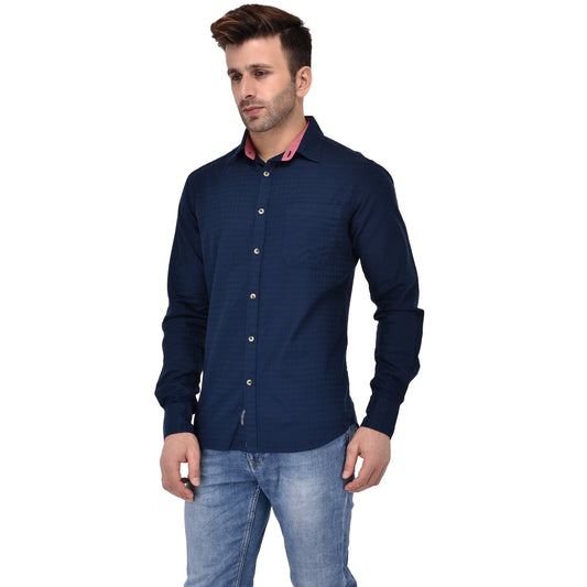 Crosscreek Men Navy Blue Dobby Casual Shirt Crosscreek
