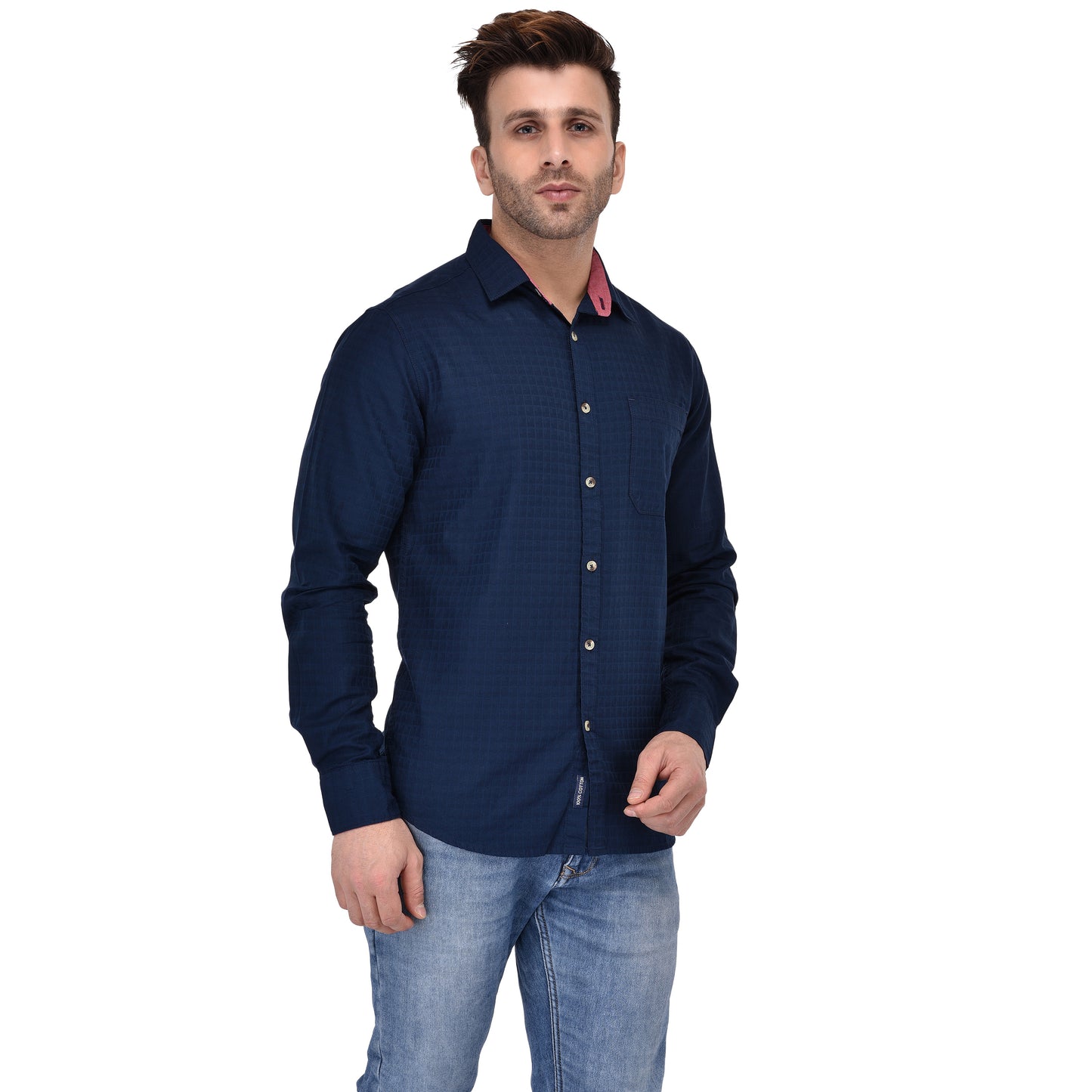 Crosscreek Men Navy Blue Dobby Casual Shirt Crosscreek