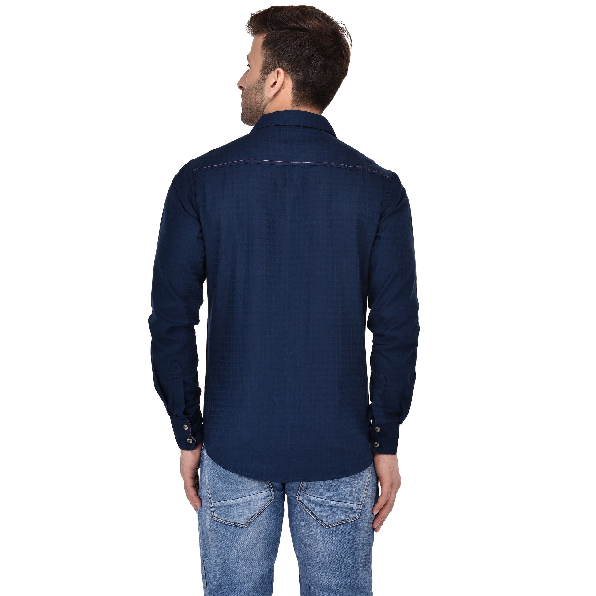 Crosscreek Men Navy Blue Dobby Casual Shirt Crosscreek