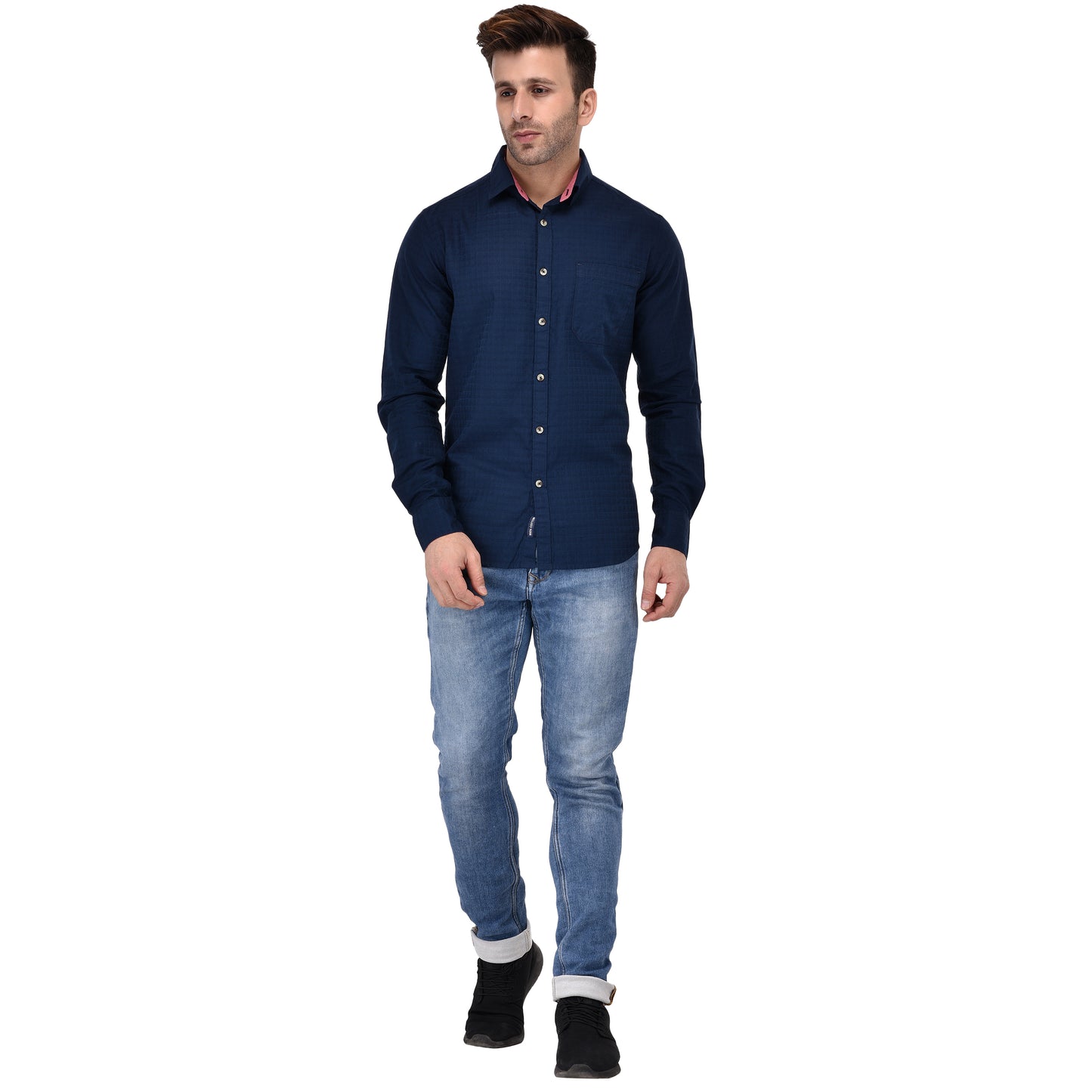 Crosscreek Men Navy Blue Dobby Casual Shirt Crosscreek
