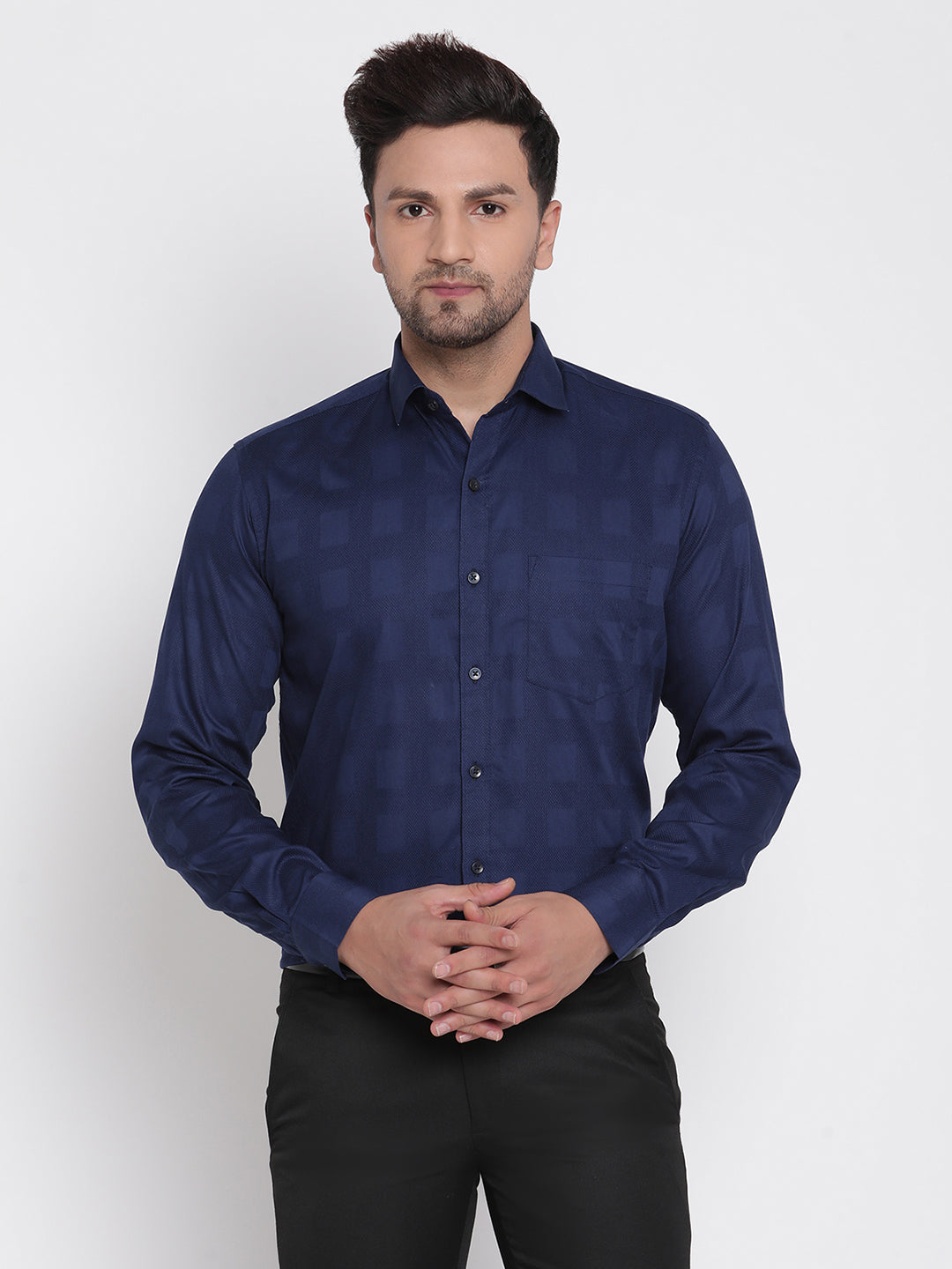 Navy Blue Dobby Checked Men Formal Shirt Copperline
