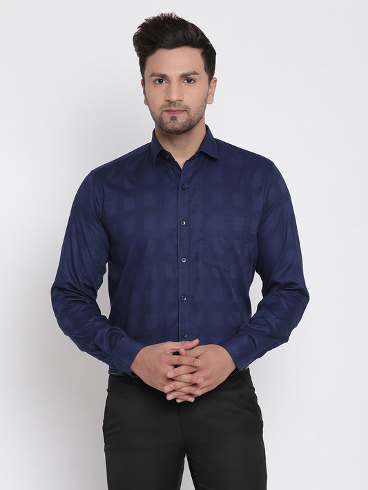 Navy Blue Dobby Checked Men Formal Shirt Copperline