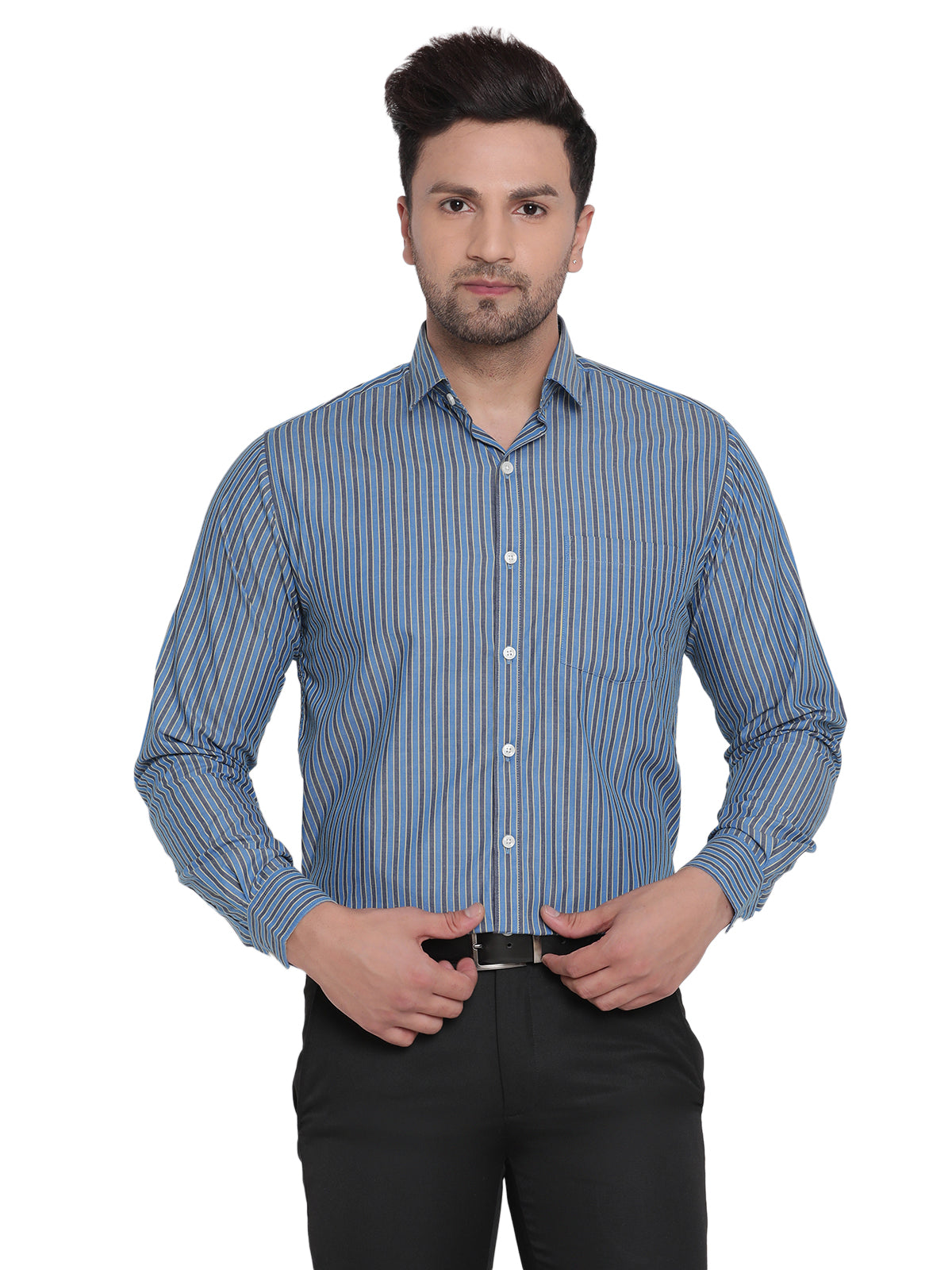Men Blue Striped Formal Shirt Copperline
