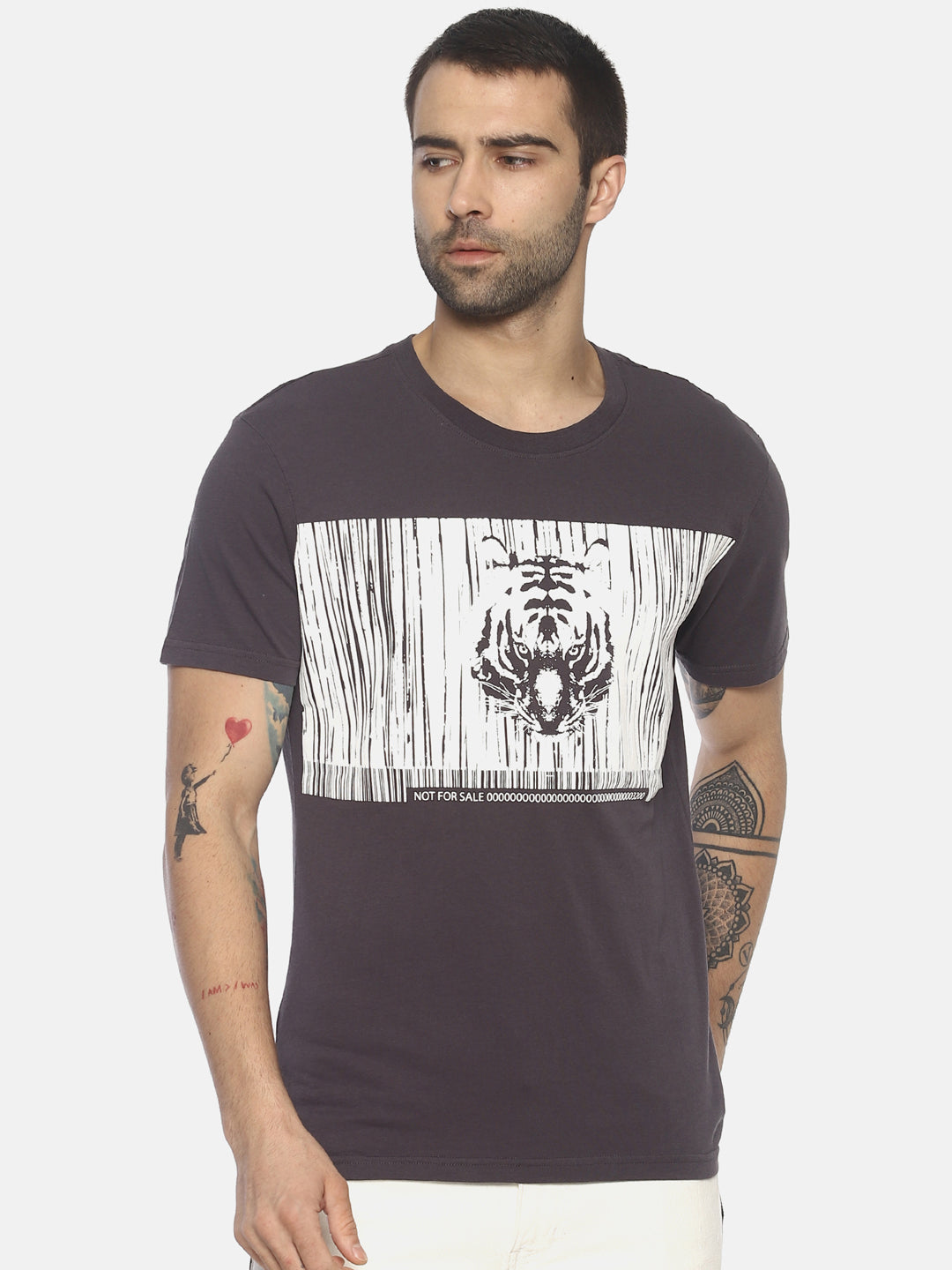 Wolfpack Round Neck Barcode Tiger Printed Grey T-Shirt Wolfpack