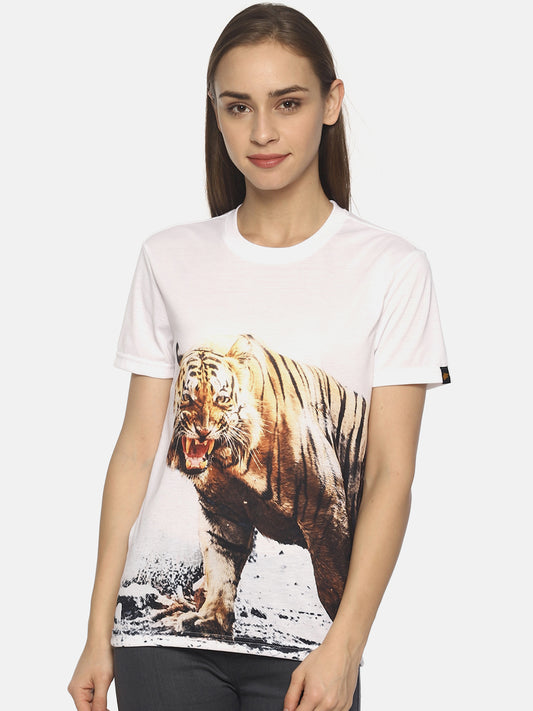 Wolfpack Women White Shivaji The Tiger Printed T-Shirt Wolfpack