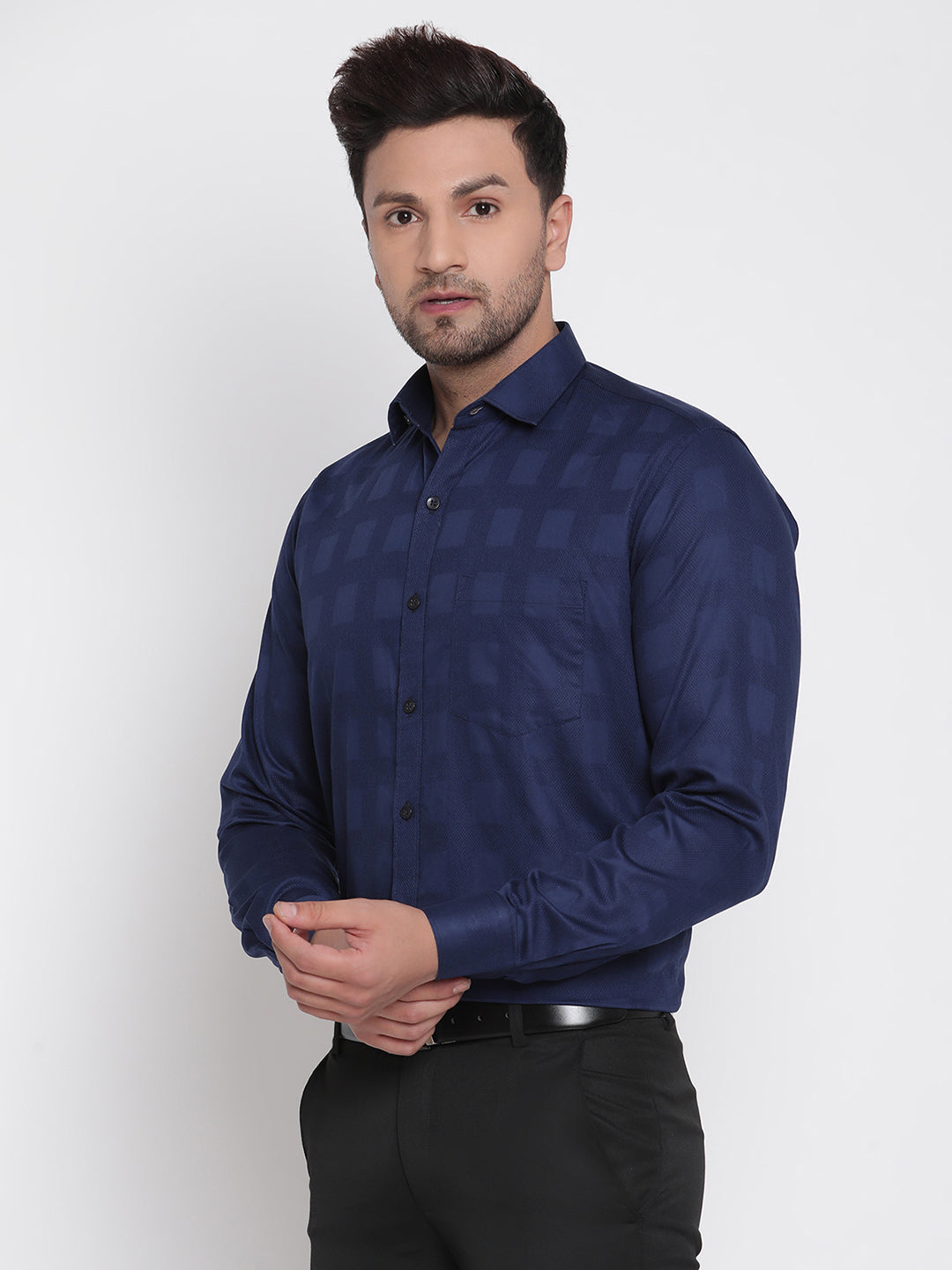 Navy Blue Dobby Checked Men Formal Shirt Copperline