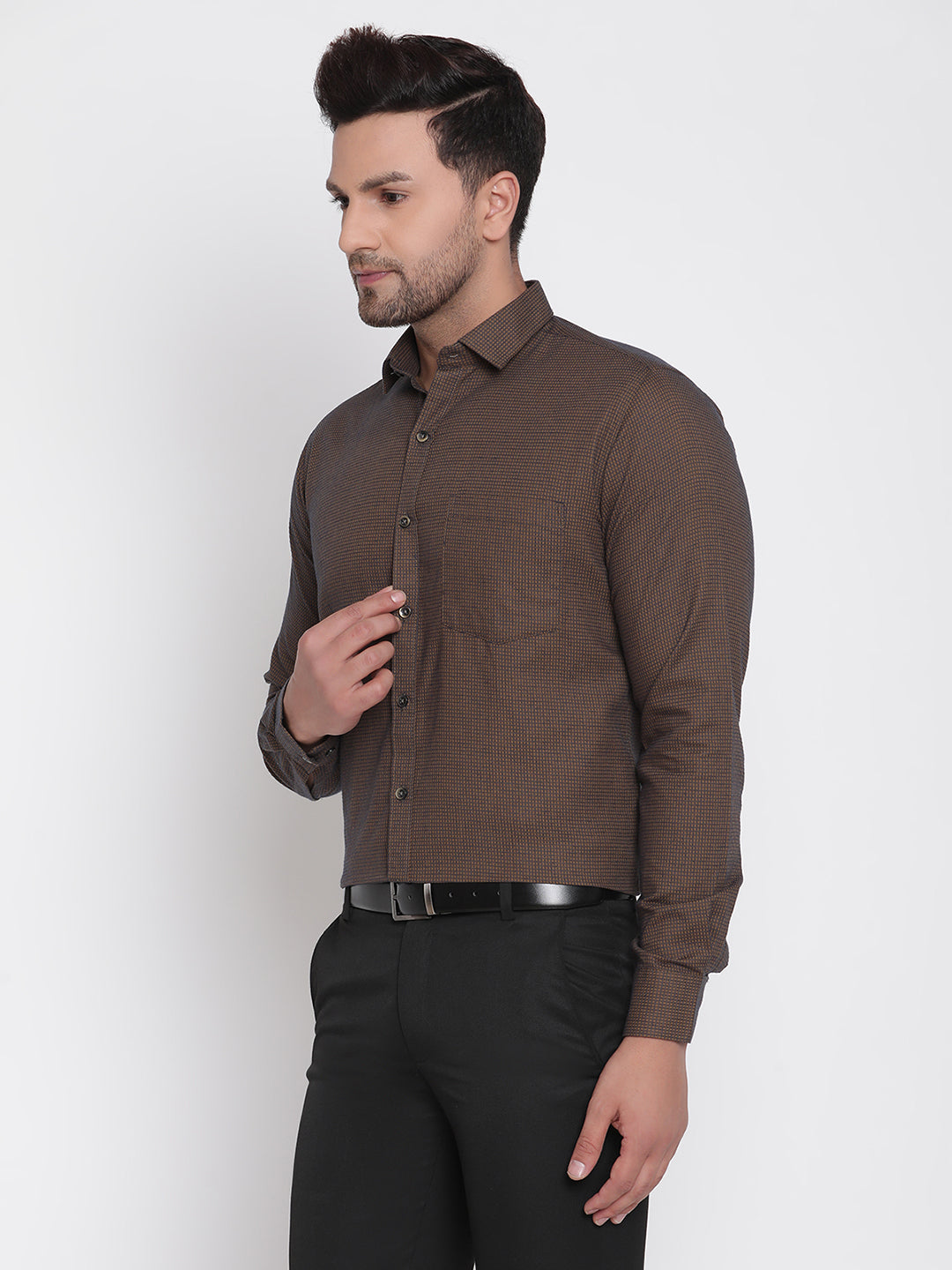 Men Brown Dobby Checked Formal Shirt Copperline