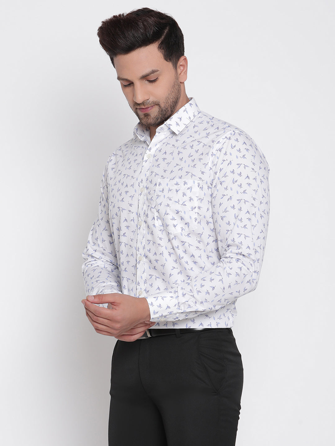 White with Blue Printed Men Formal Shirt Copperline