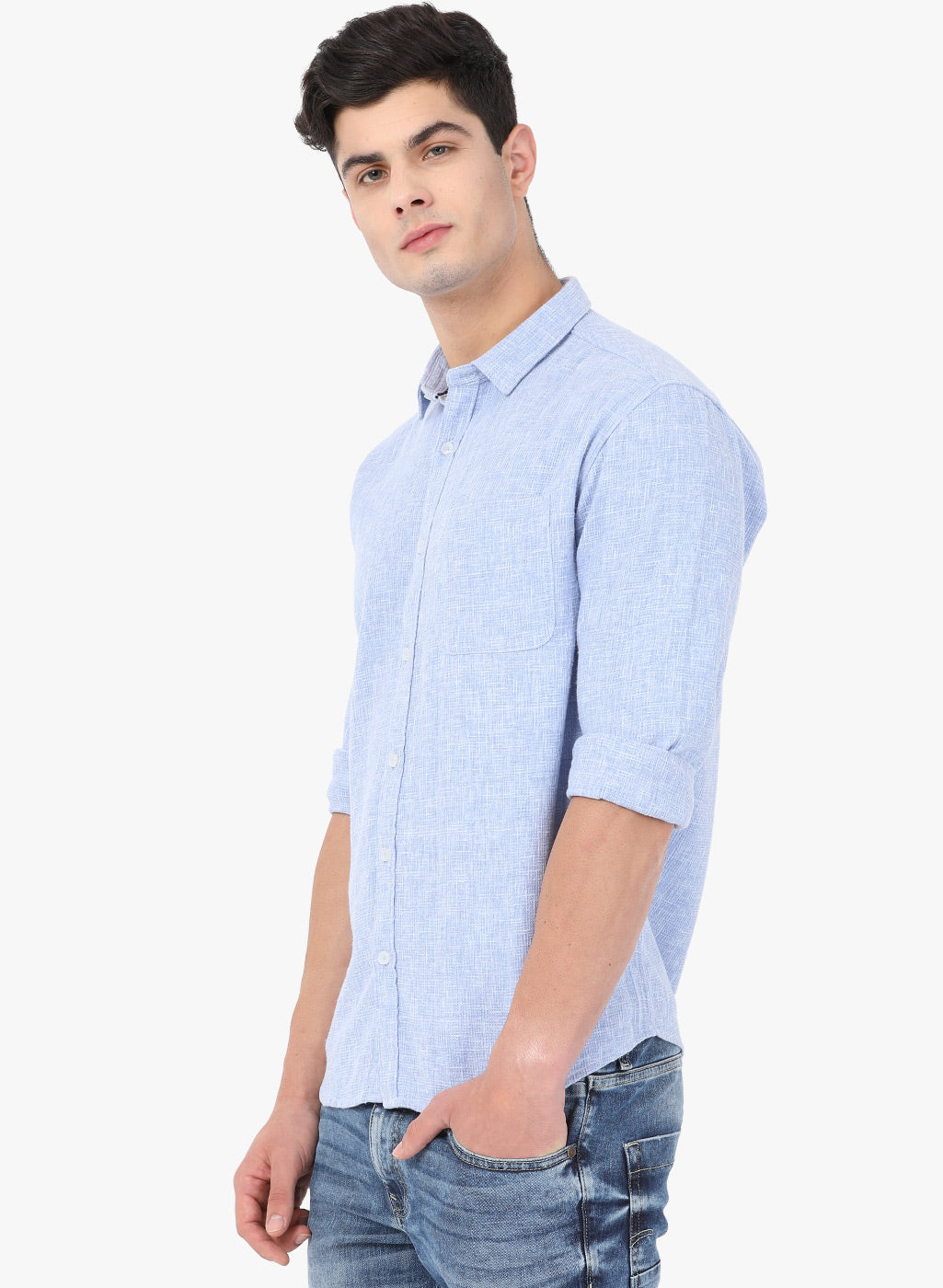 Crosscreek Men Light Blue Solid Waffle Casual Shirt Crosscreek