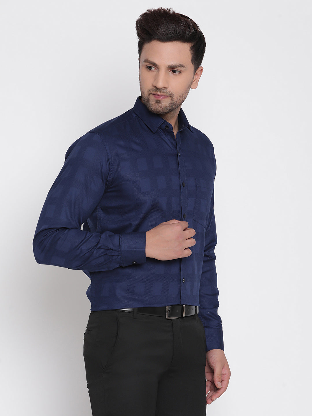 Navy Blue Dobby Checked Men Formal Shirt Copperline