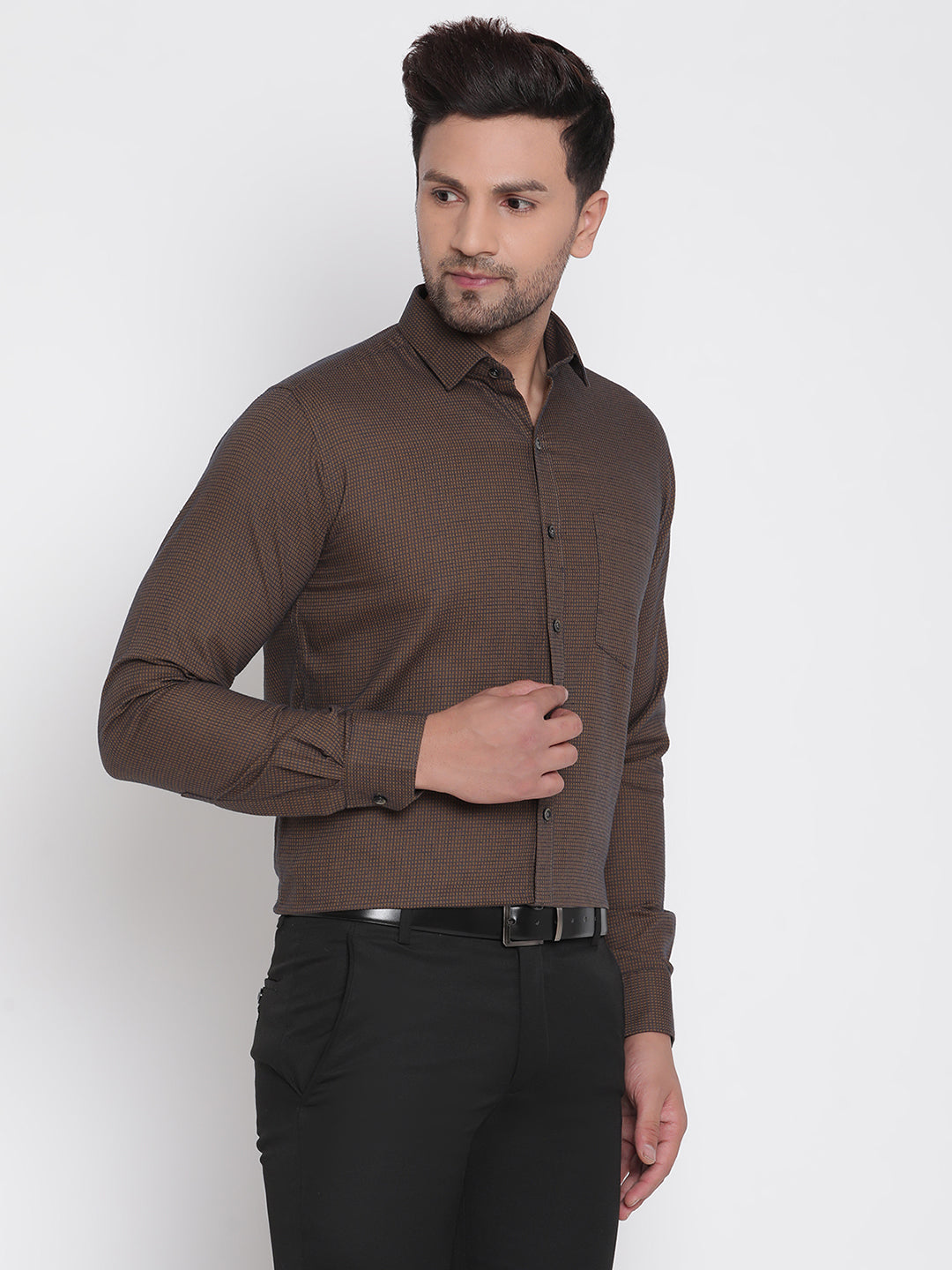 Men Brown Dobby Checked Formal Shirt Copperline