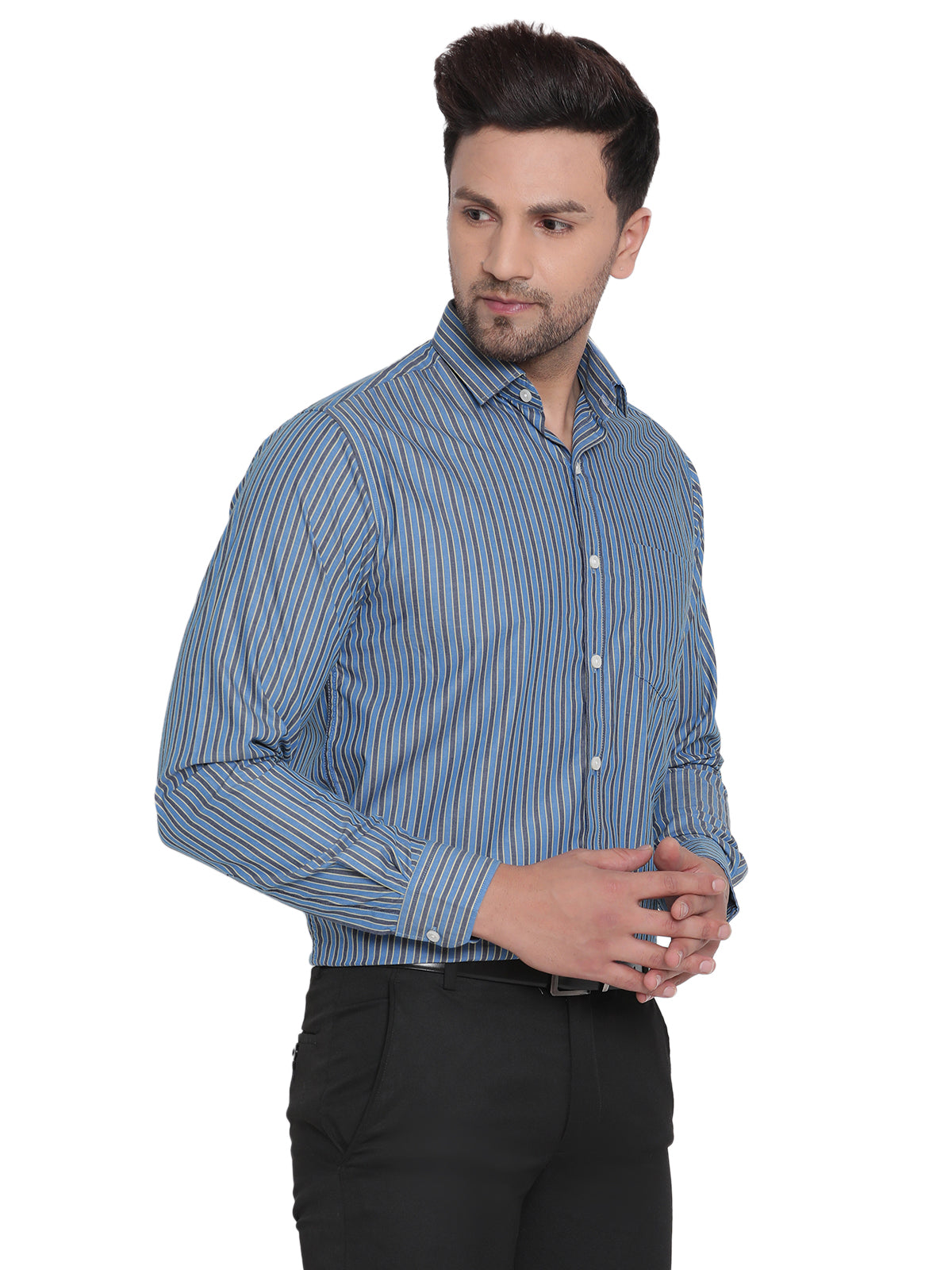 Men Blue Striped Formal Shirt Copperline