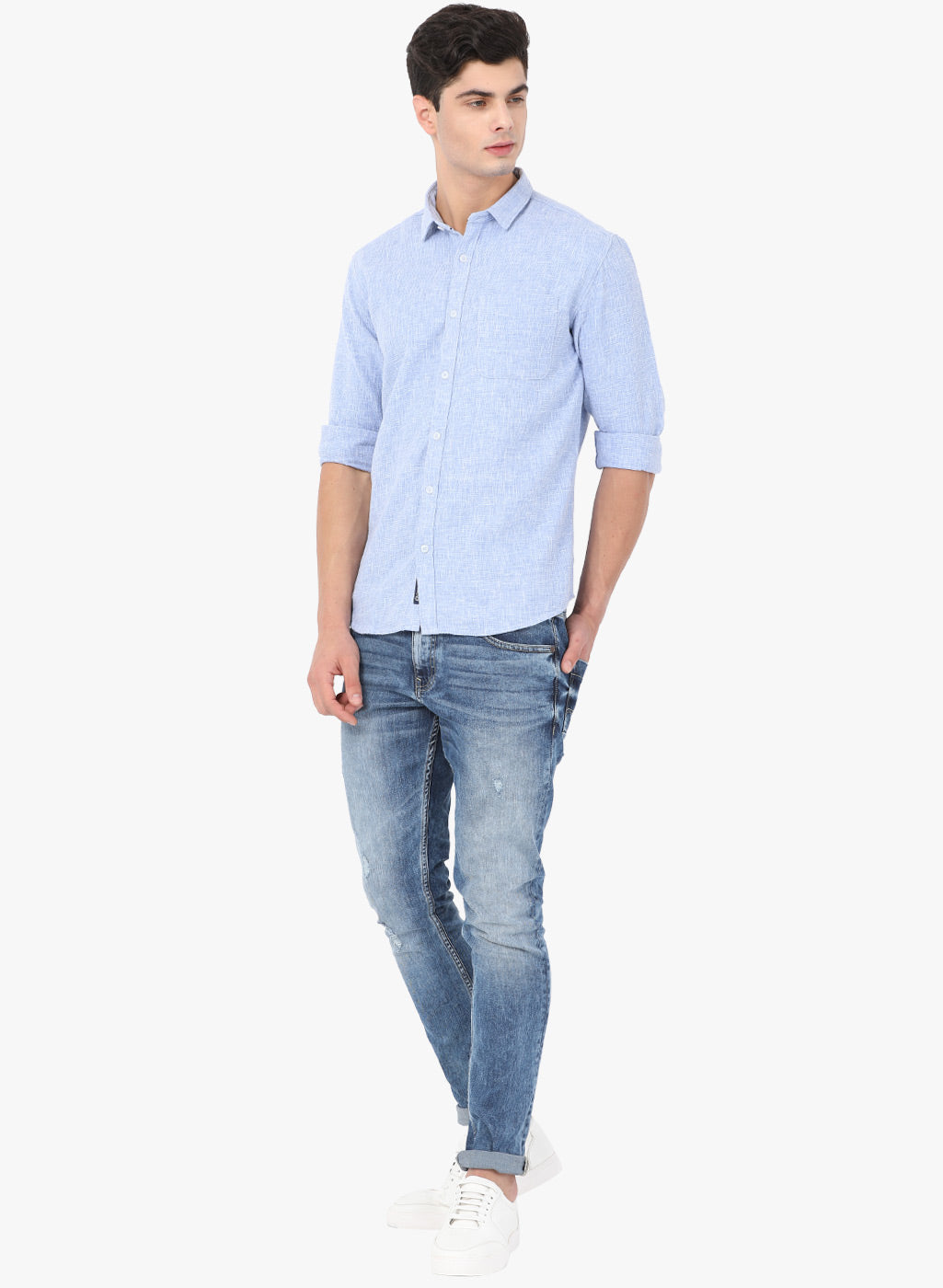 Crosscreek Men Light Blue Solid Waffle Casual Shirt Crosscreek