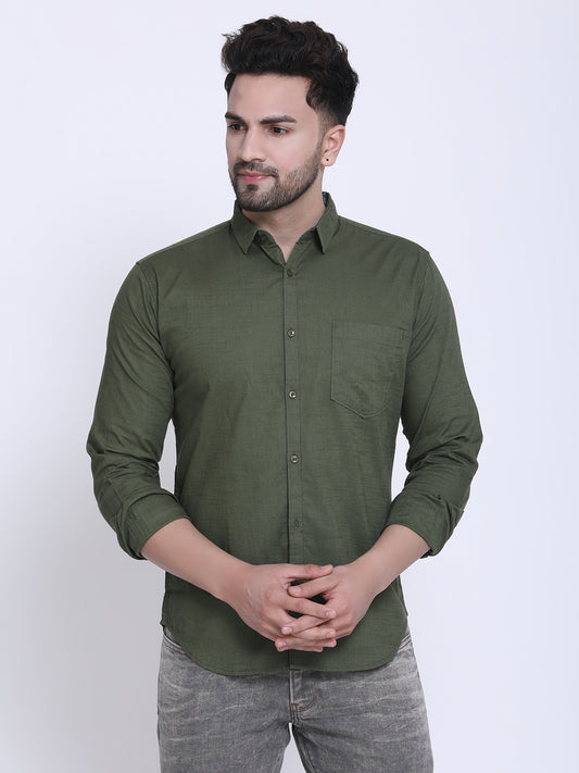 Crosscreek Men Olive Green Slim Fit Solid Casual Shirt Crosscreek