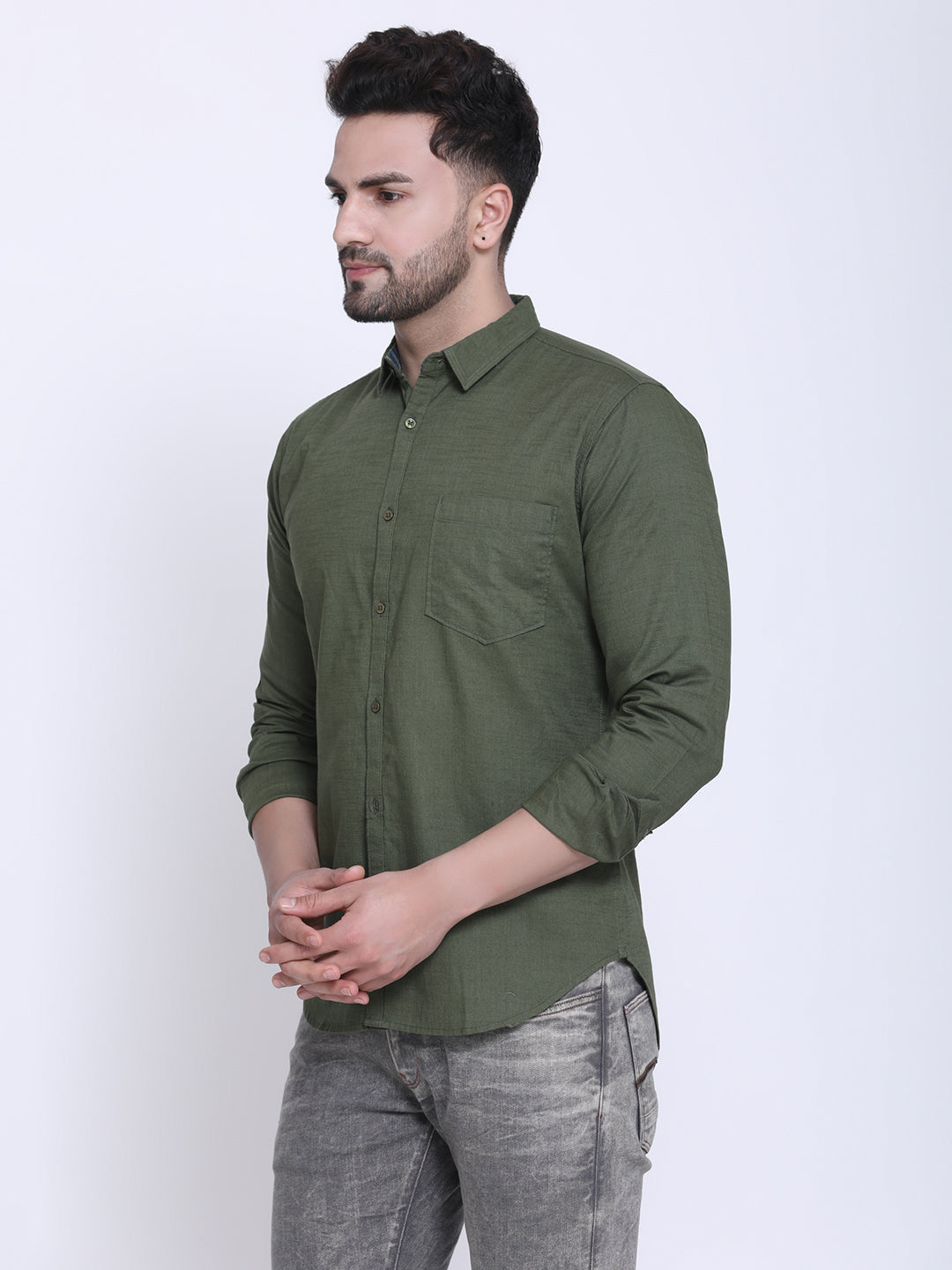 Crosscreek Men Olive Green Slim Fit Solid Casual Shirt Crosscreek