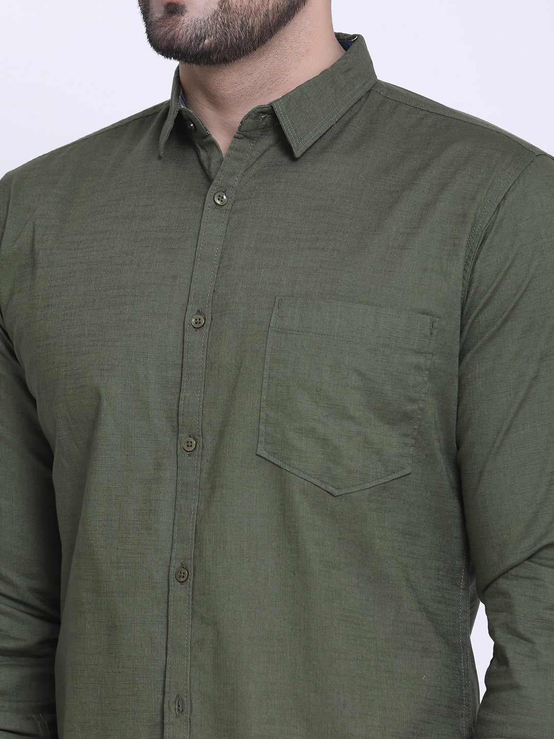 Crosscreek Men Olive Green Slim Fit Solid Casual Shirt Crosscreek
