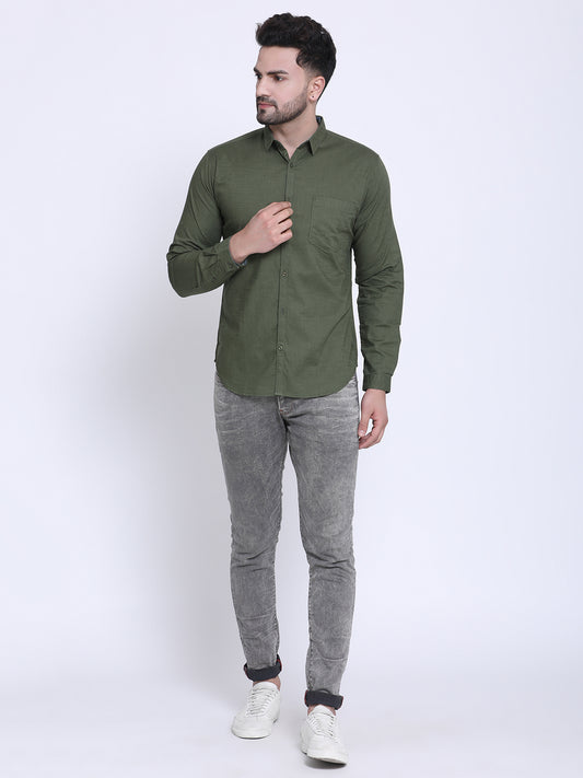 Crosscreek Men Olive Green Slim Fit Solid Casual Shirt Crosscreek