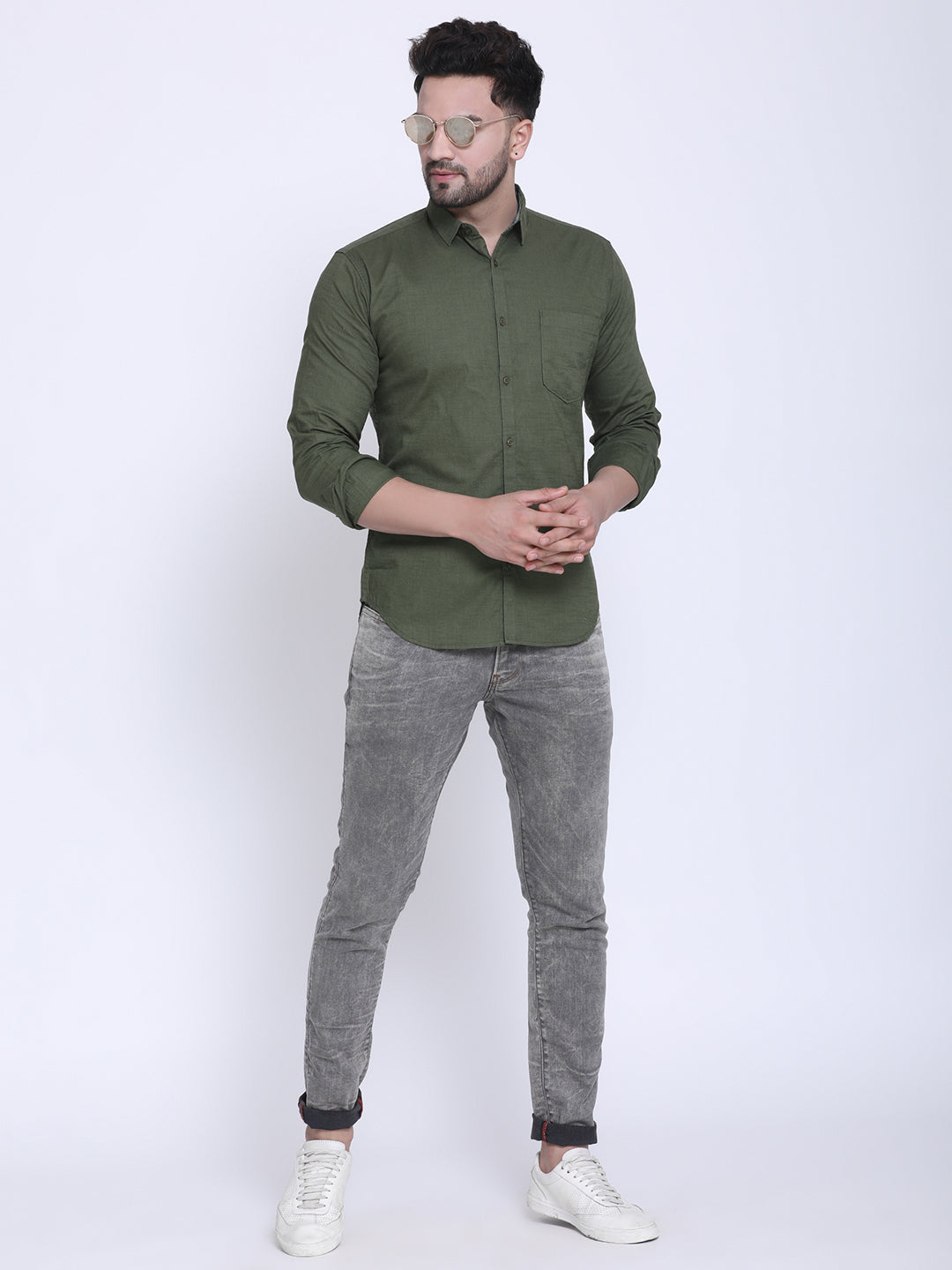 Crosscreek Men Olive Green Slim Fit Solid Casual Shirt Crosscreek