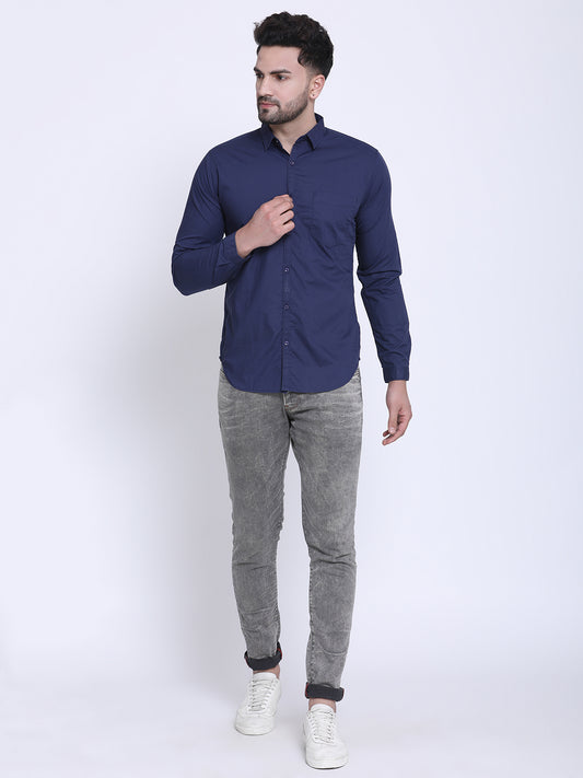 Crosscreek Men Navy Blue Slim Fit Solid Casual Shirt Crosscreek