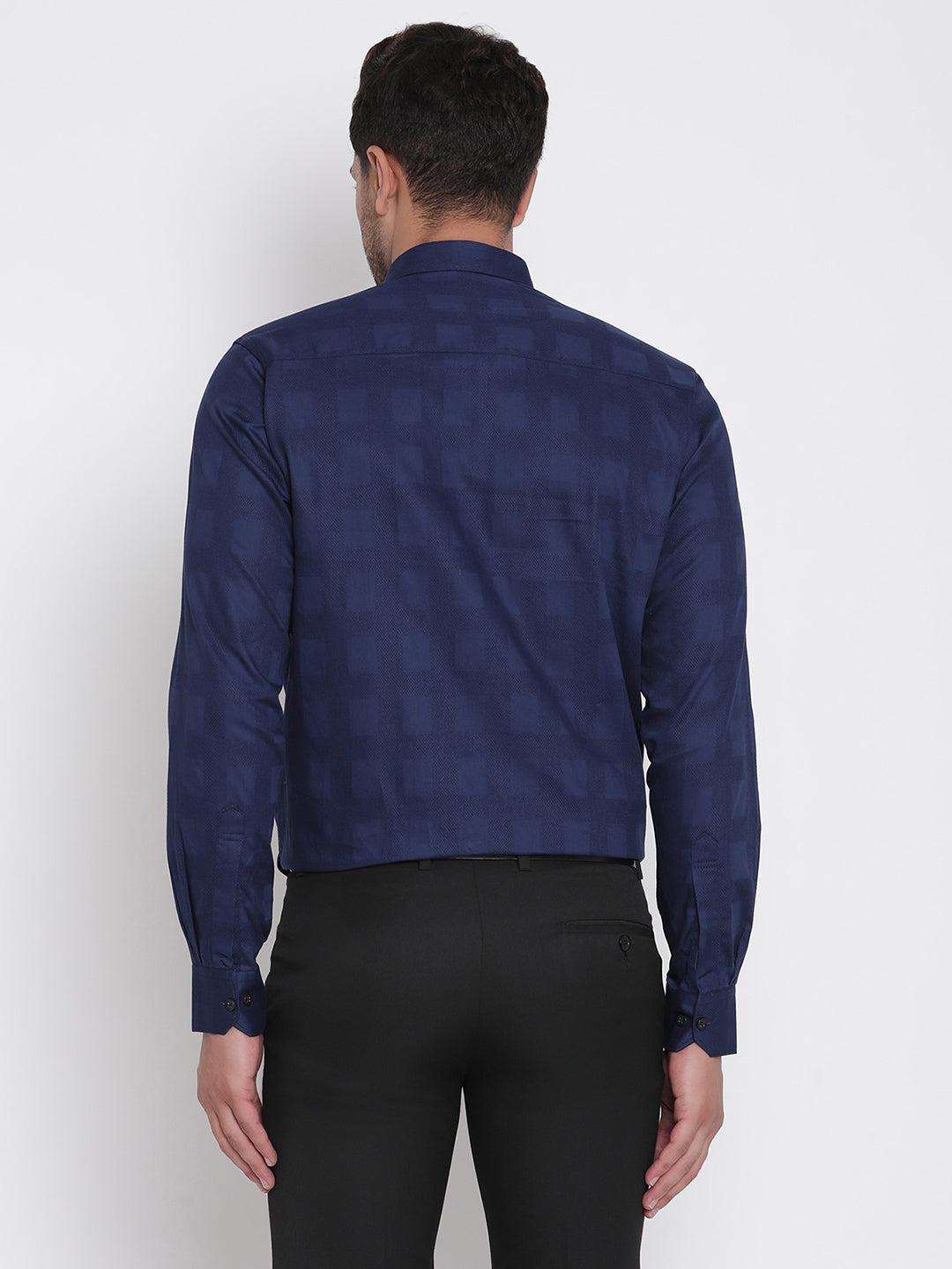 Navy Blue Dobby Checked Men Formal Shirt Copperline